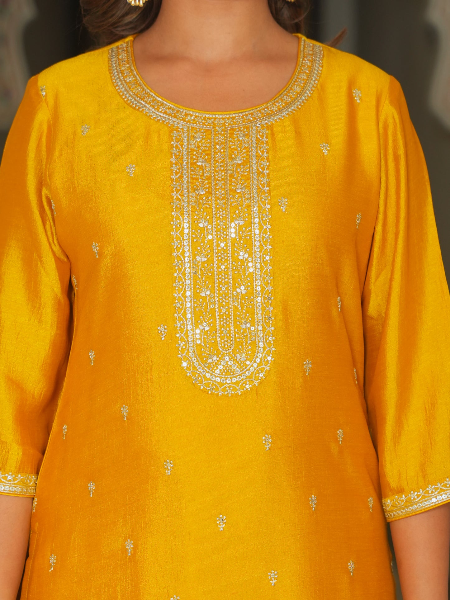 Embroidered Poly Silk Solid Mustard Kurta