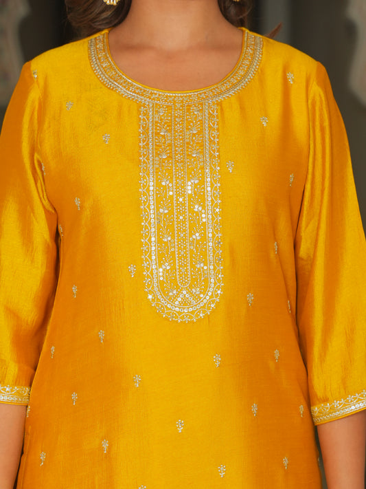 Embroidered Poly Silk Solid Mustard Kurta