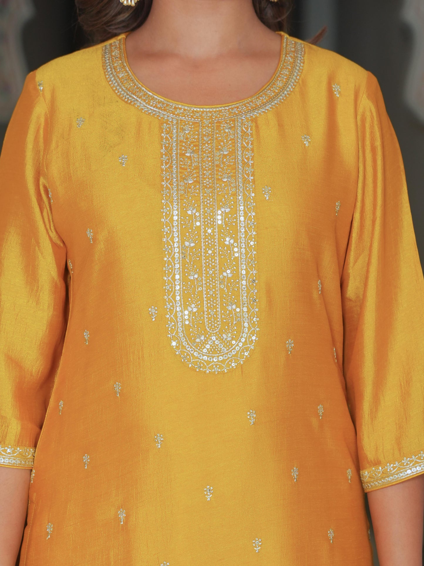 Embroidered Blended Silk Solid Straight Mustard Kurta