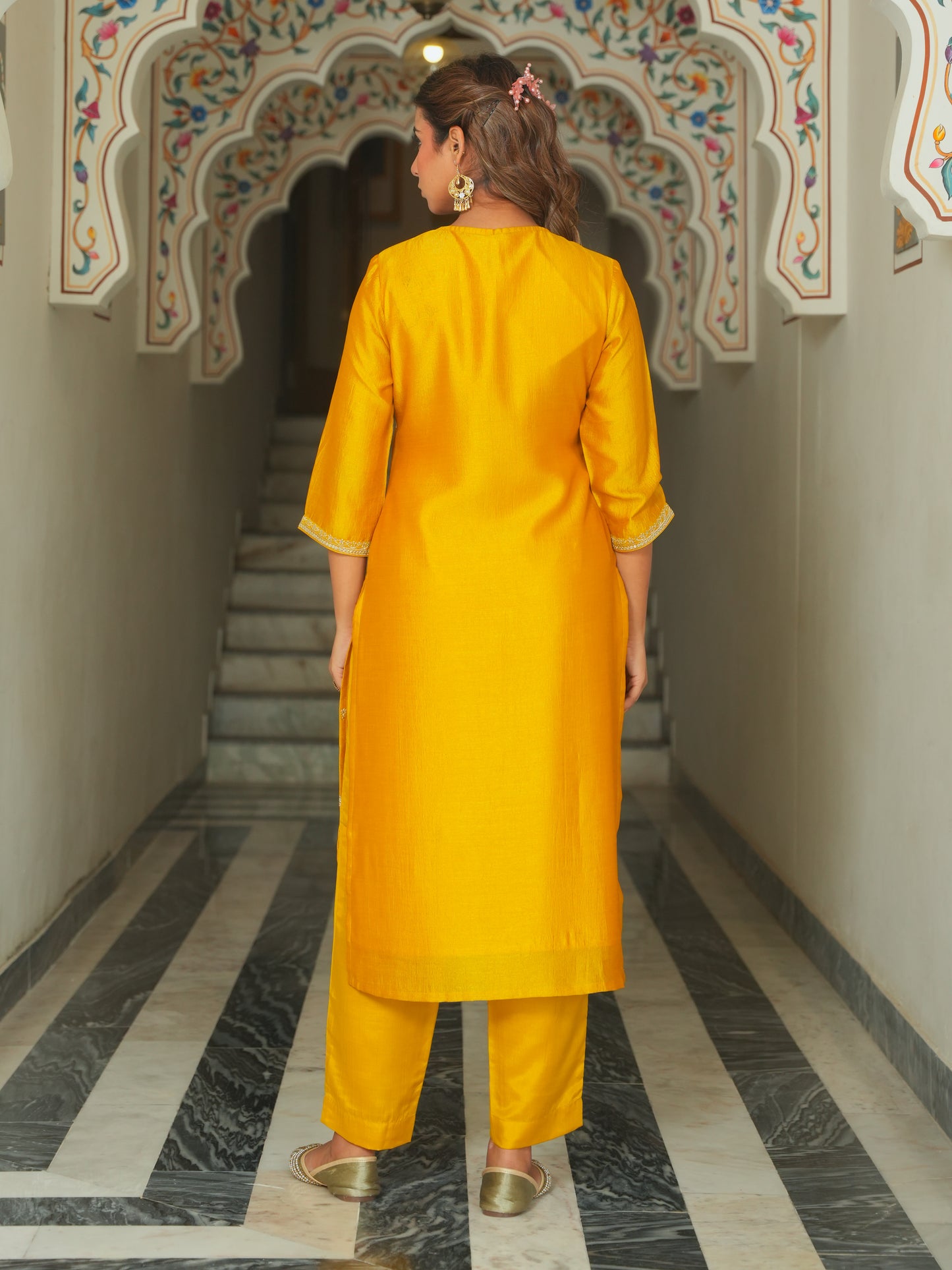 Embroidered Poly Silk Solid Mustard Kurta