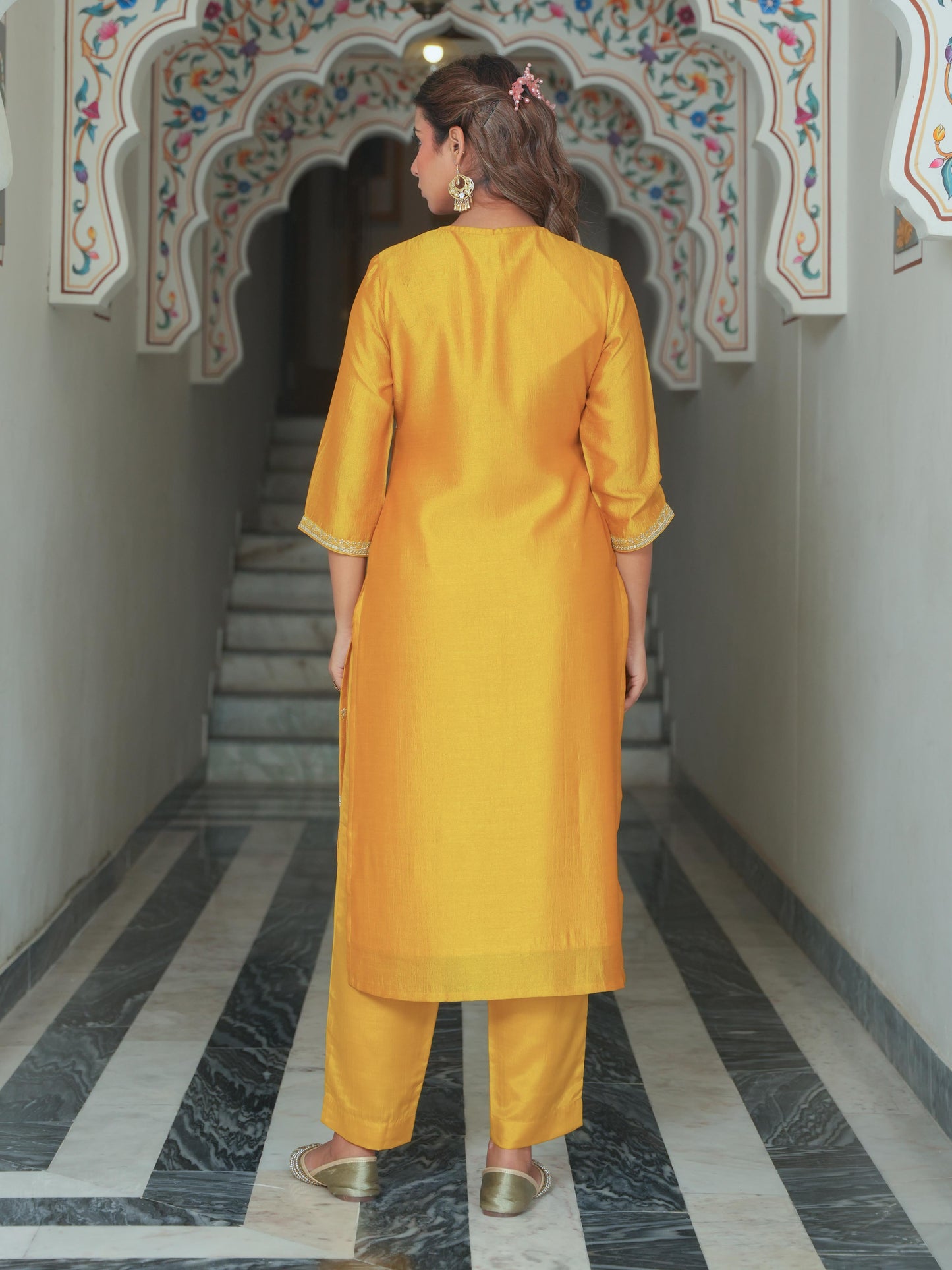 Embroidered Blended Silk Solid Straight Mustard Kurta
