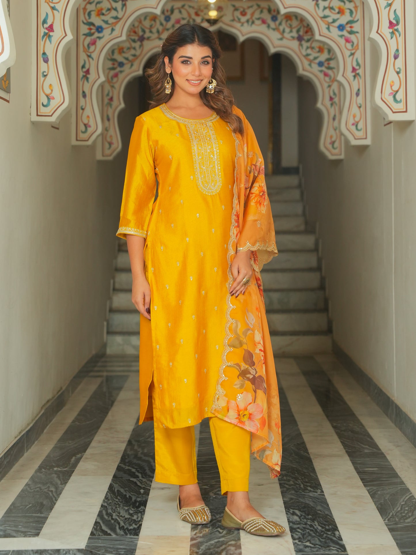 Embroidered Poly Silk Solid Mustard Kurta