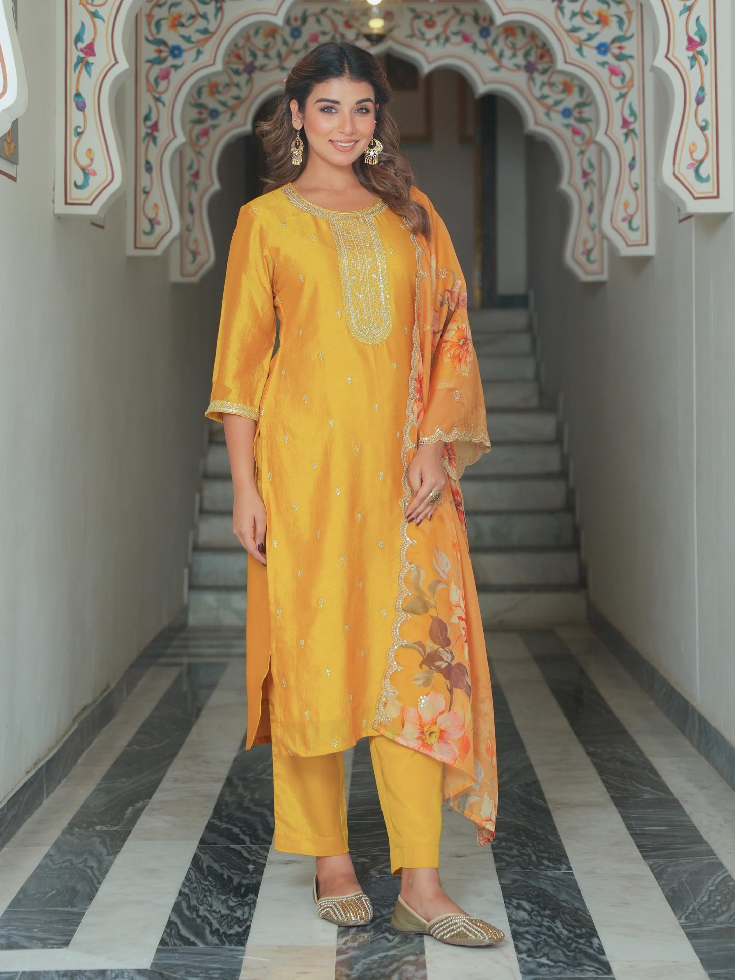 Embroidered Blended Silk Solid Straight Mustard Kurta