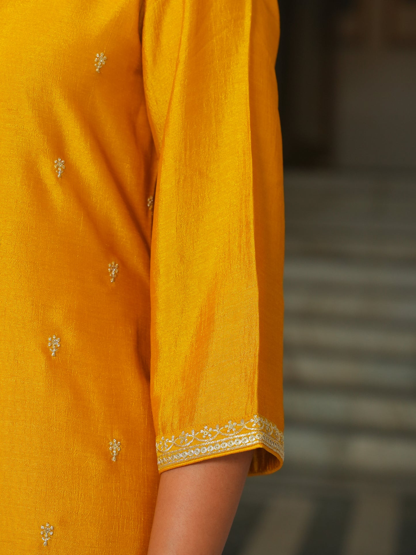Embroidered Poly Silk Solid Mustard Kurta