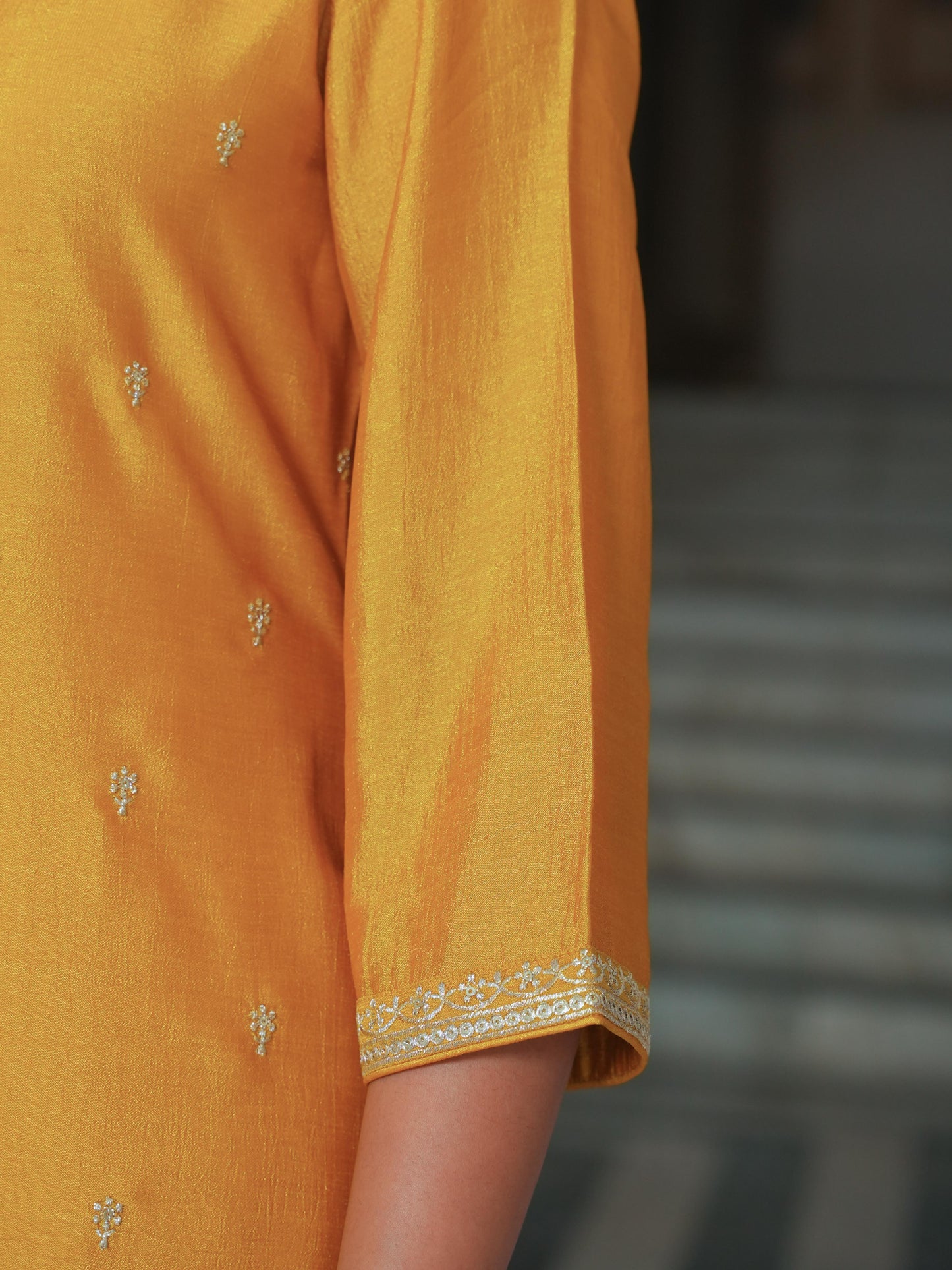 Embroidered Blended Silk Solid Straight Mustard Kurta