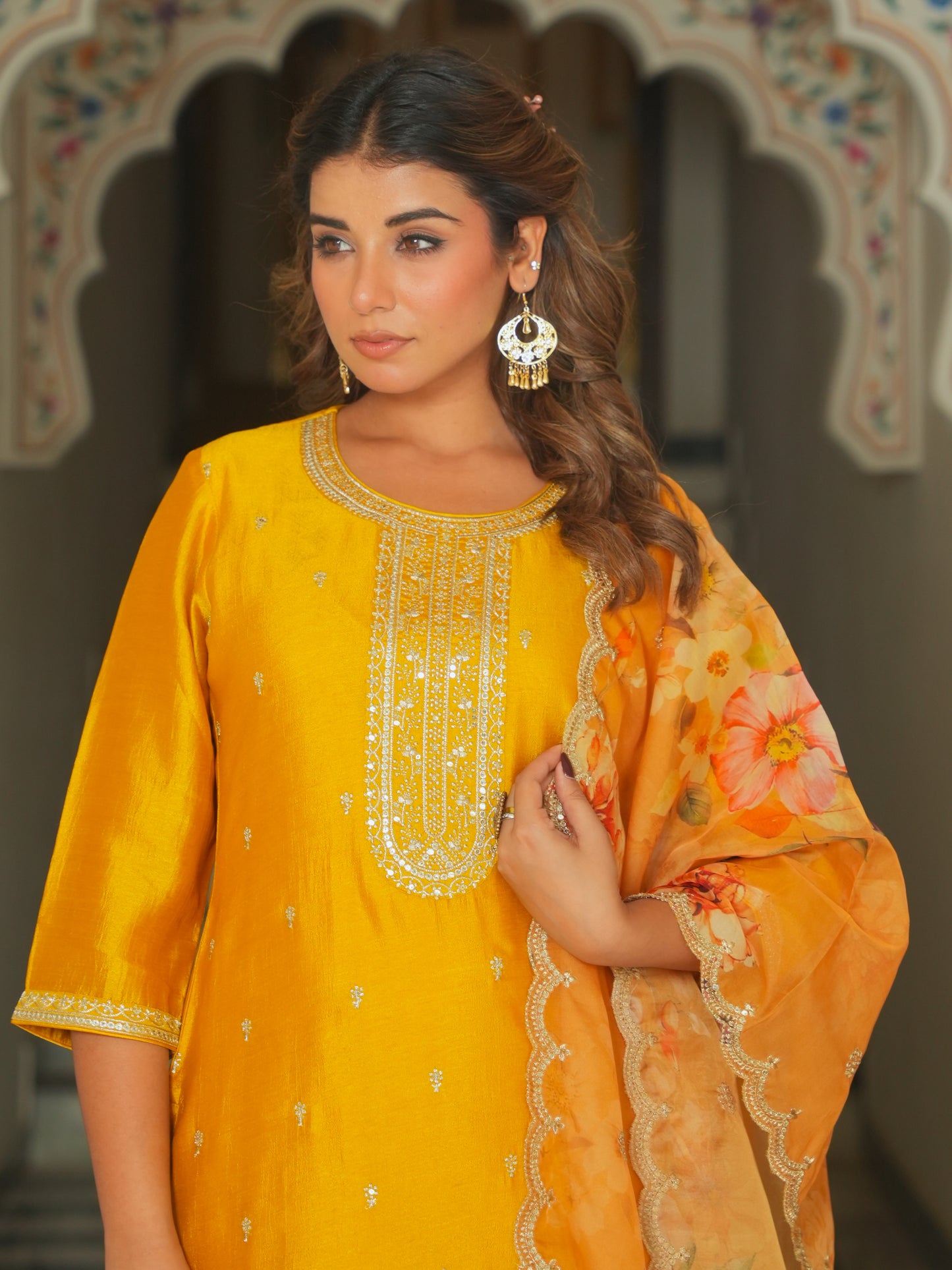 Embroidered Poly Silk Solid Mustard Kurta