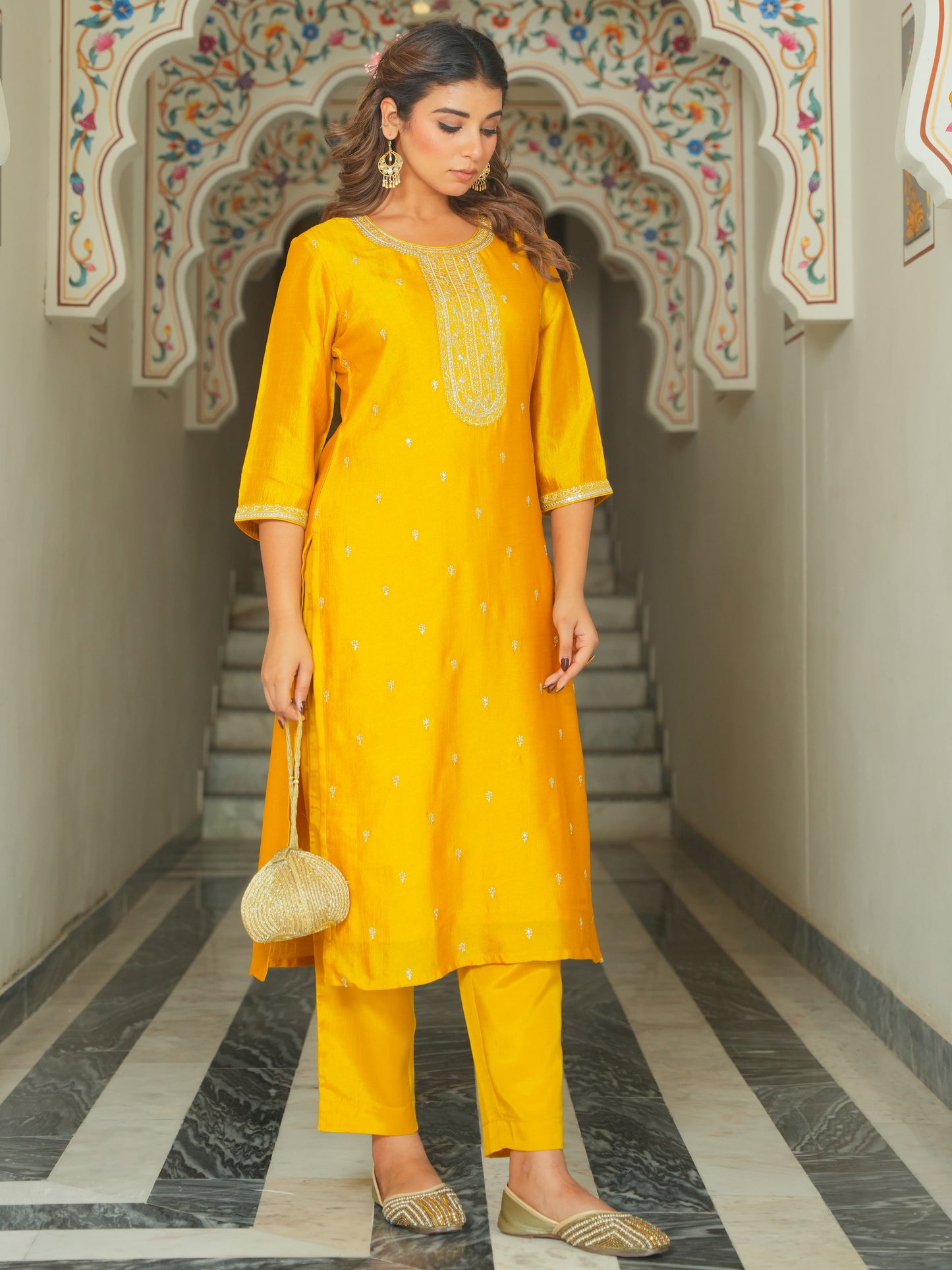 Embroidered Poly Silk Solid Mustard Kurta