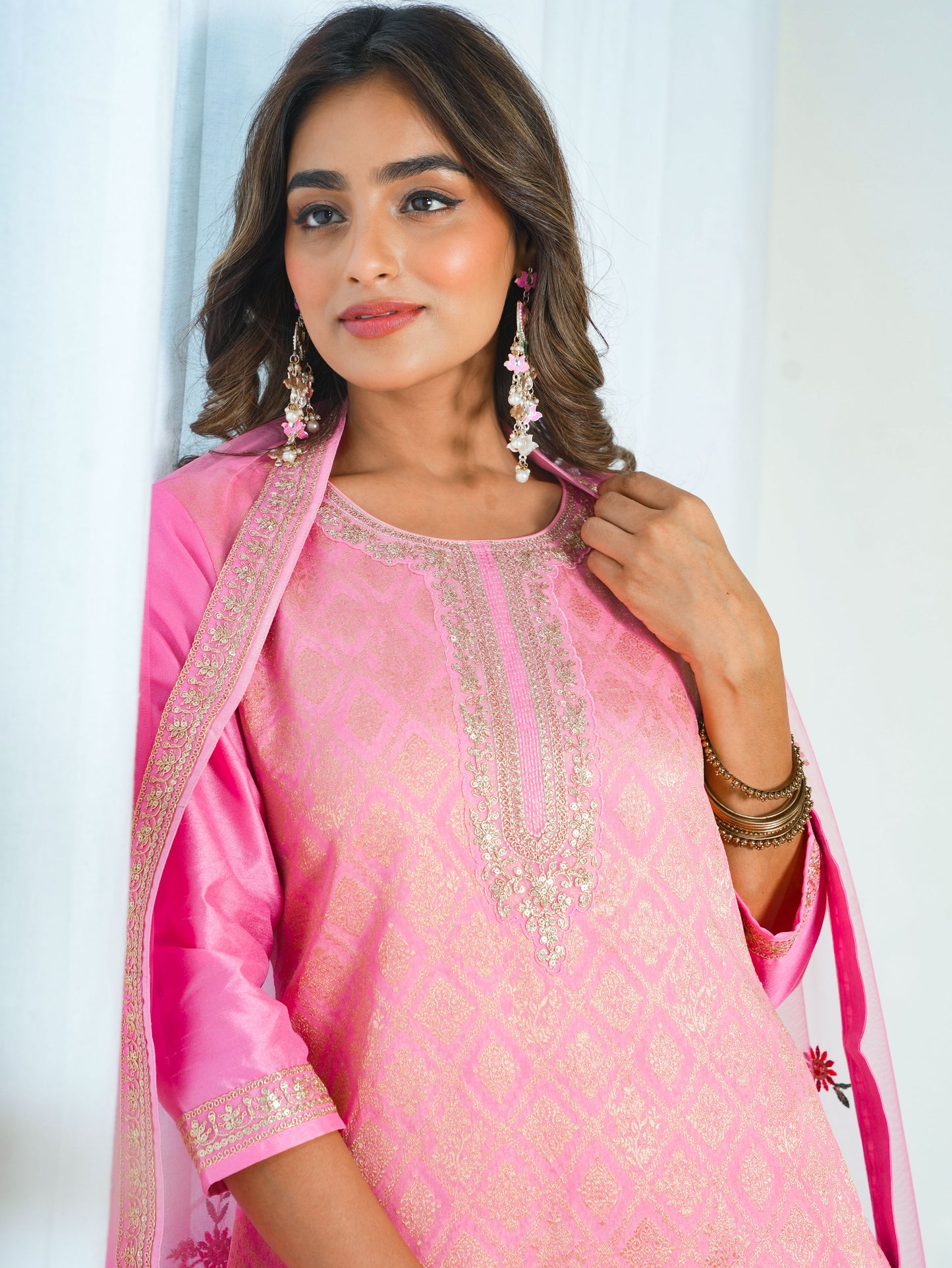 Embroidered Silk Jacquard Pink Straight Kurta