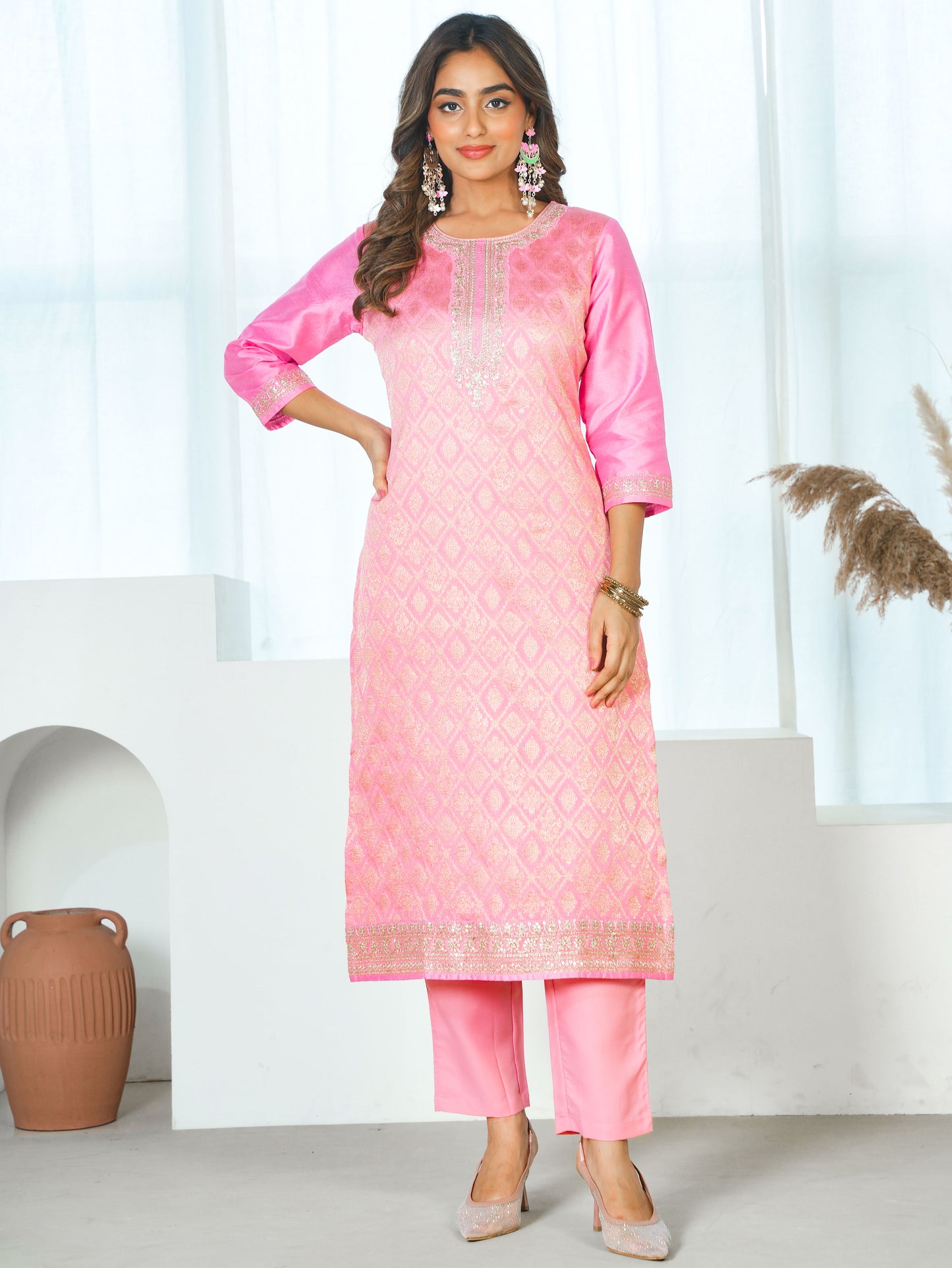 Embroidered Silk Jacquard Pink Kurta