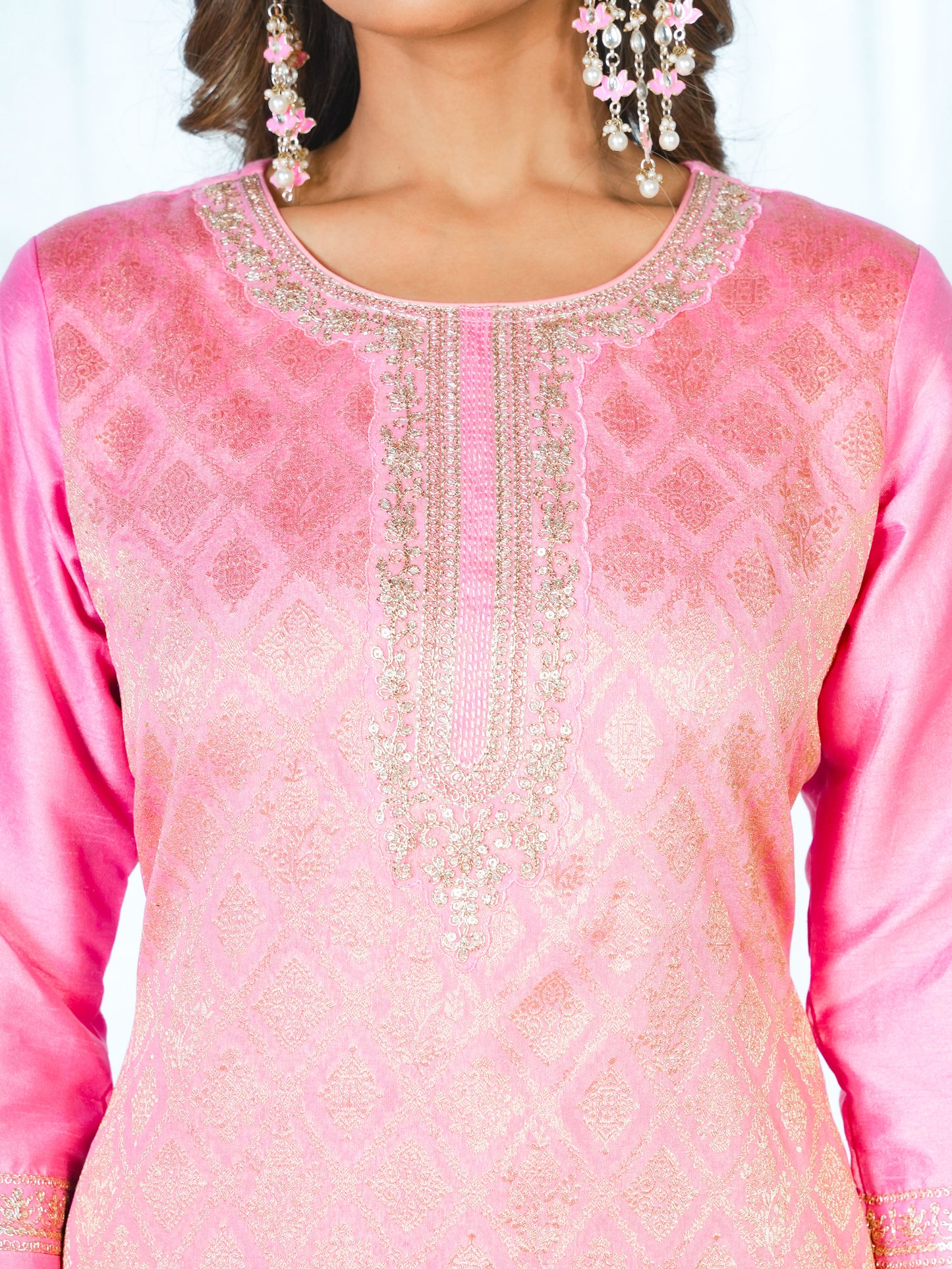 Embroidered Silk Jacquard Pink Kurta