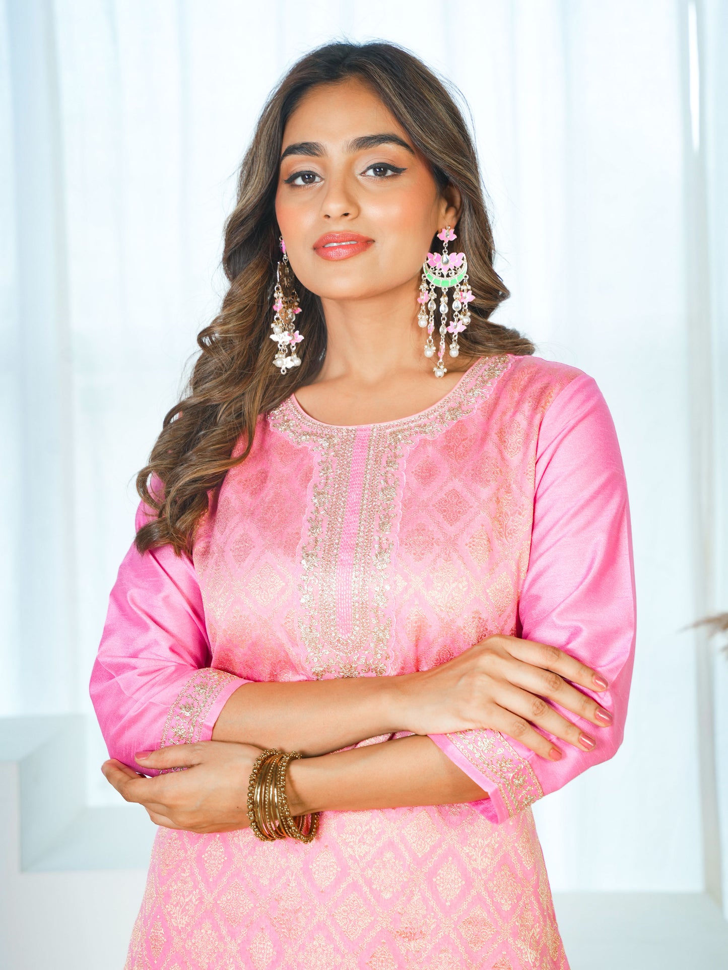 Embroidered Silk Jacquard Pink Straight Kurta