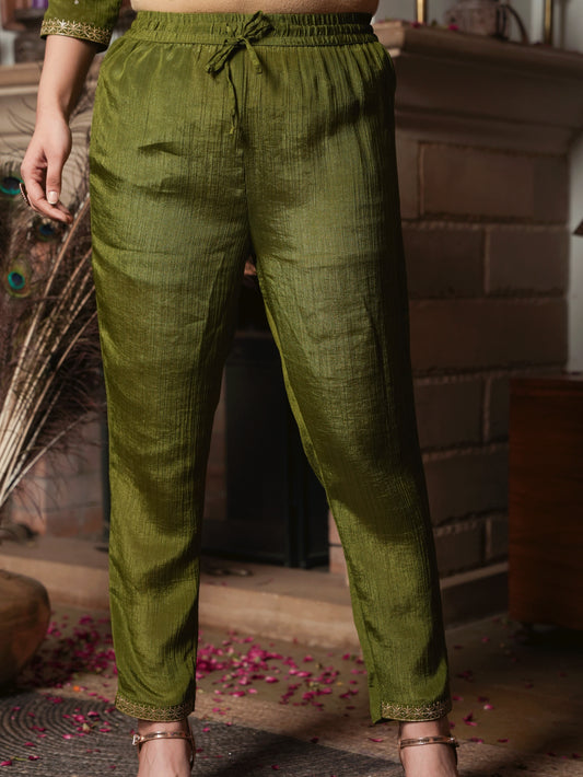 Poly Chinon Solid Lime Green Trousers