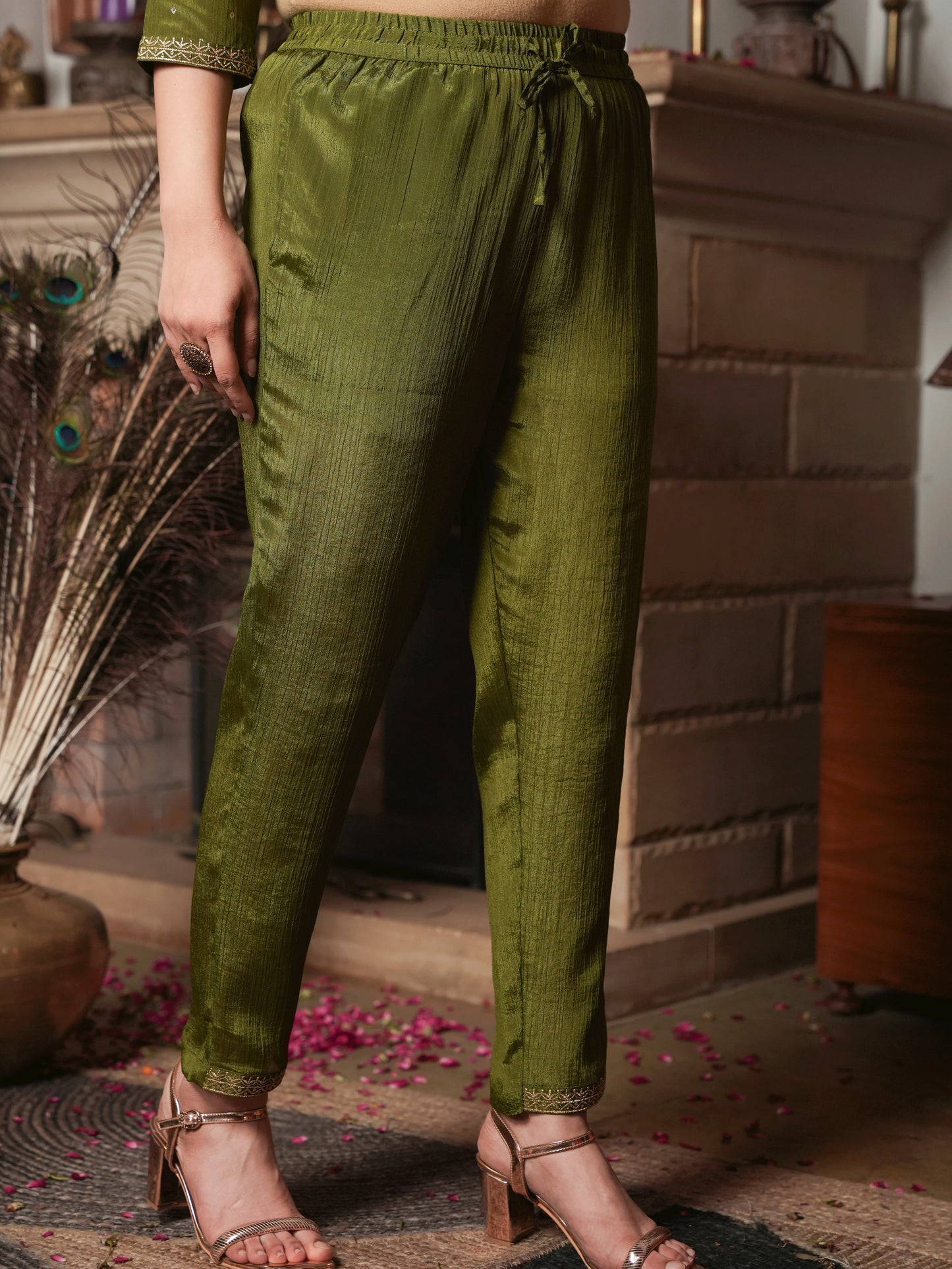 Poly Chinon Solid Lime Green Trousers