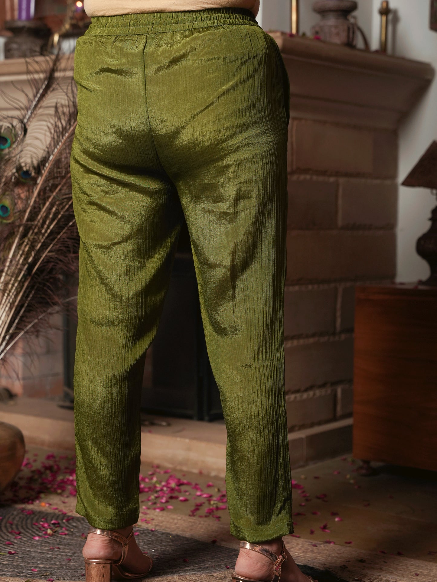 Poly Chinon Solid Lime Green Trousers