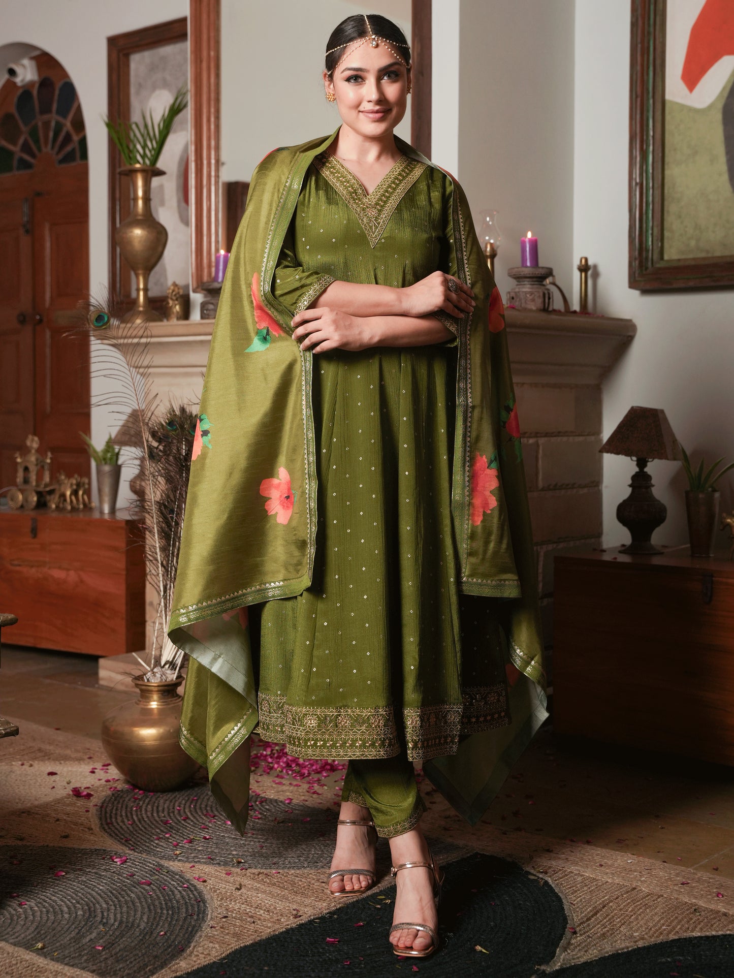Poly Silk Floral Lime Green Dupatta