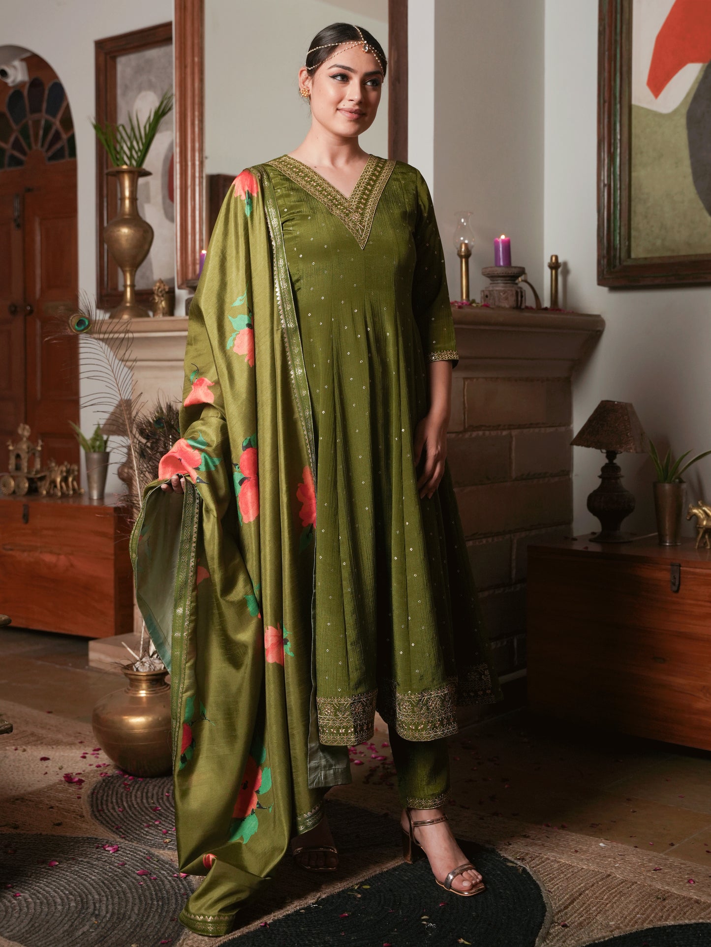 Poly Silk Floral Lime Green Dupatta