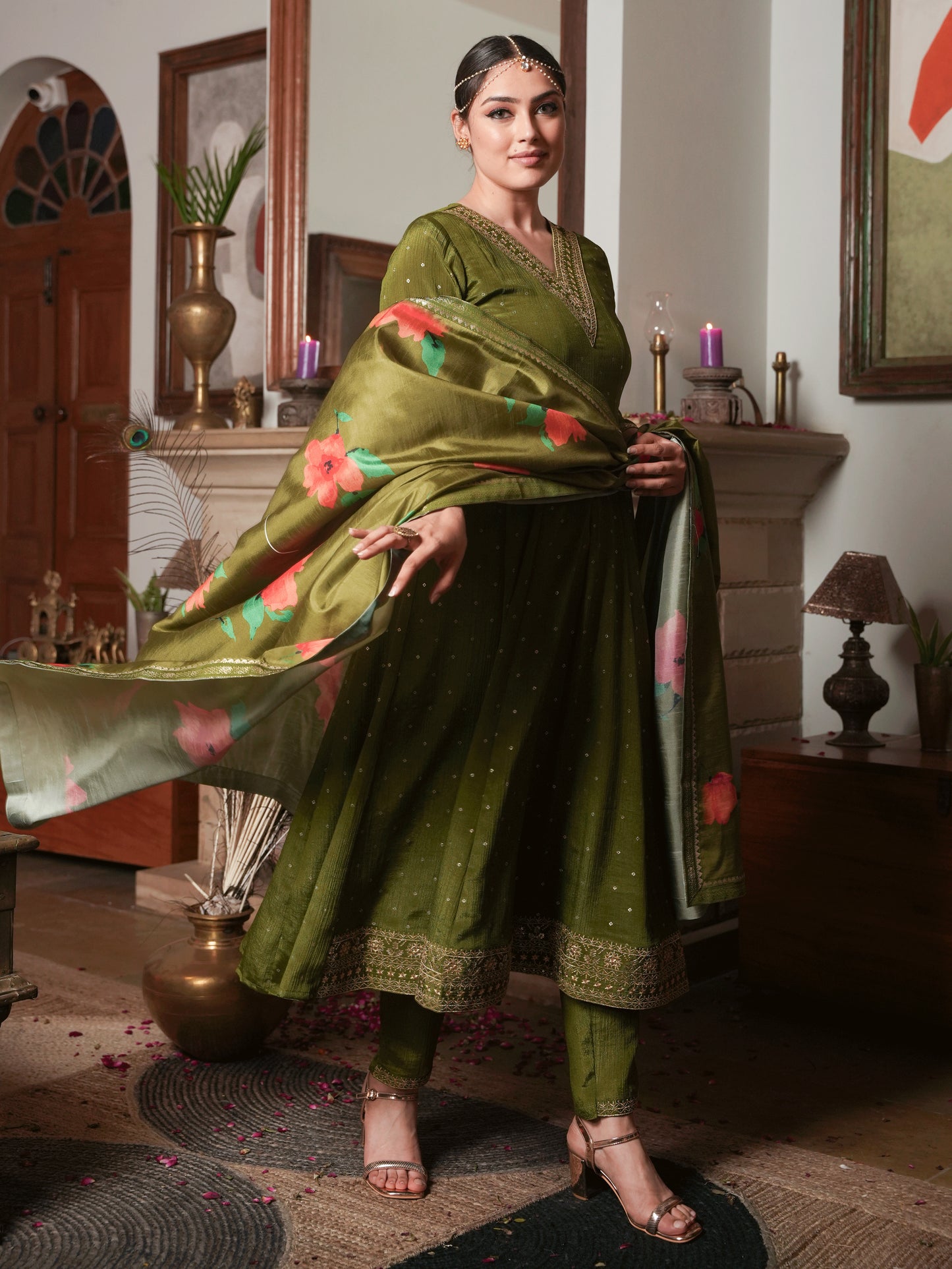 Poly Silk Floral Lime Green Dupatta