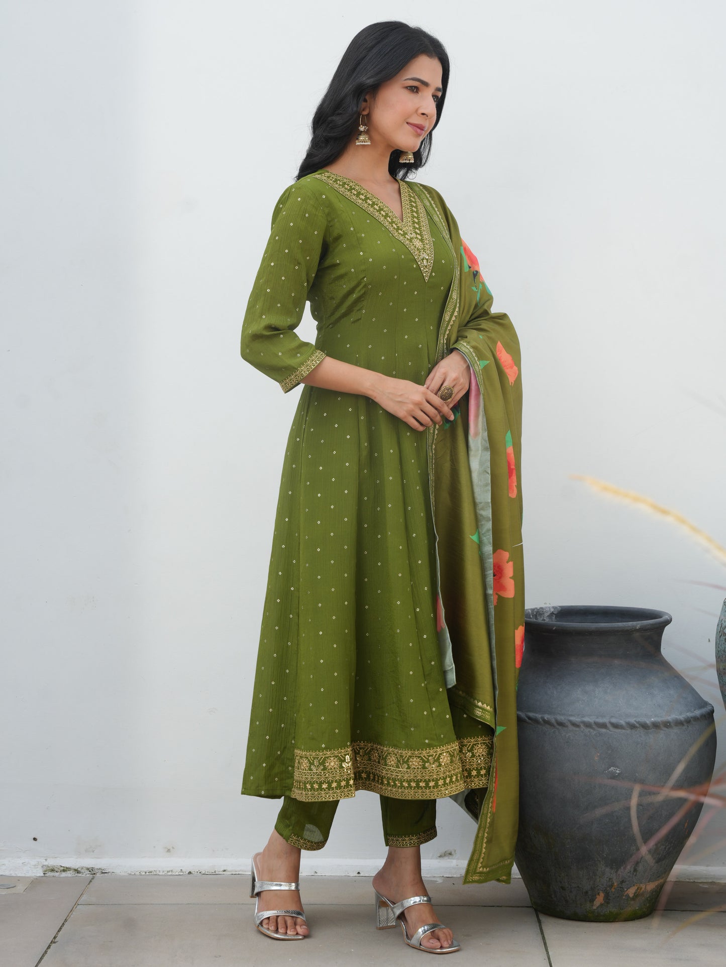 Embroidered Roman Silk Solid Anarkali Lime Green Kurta