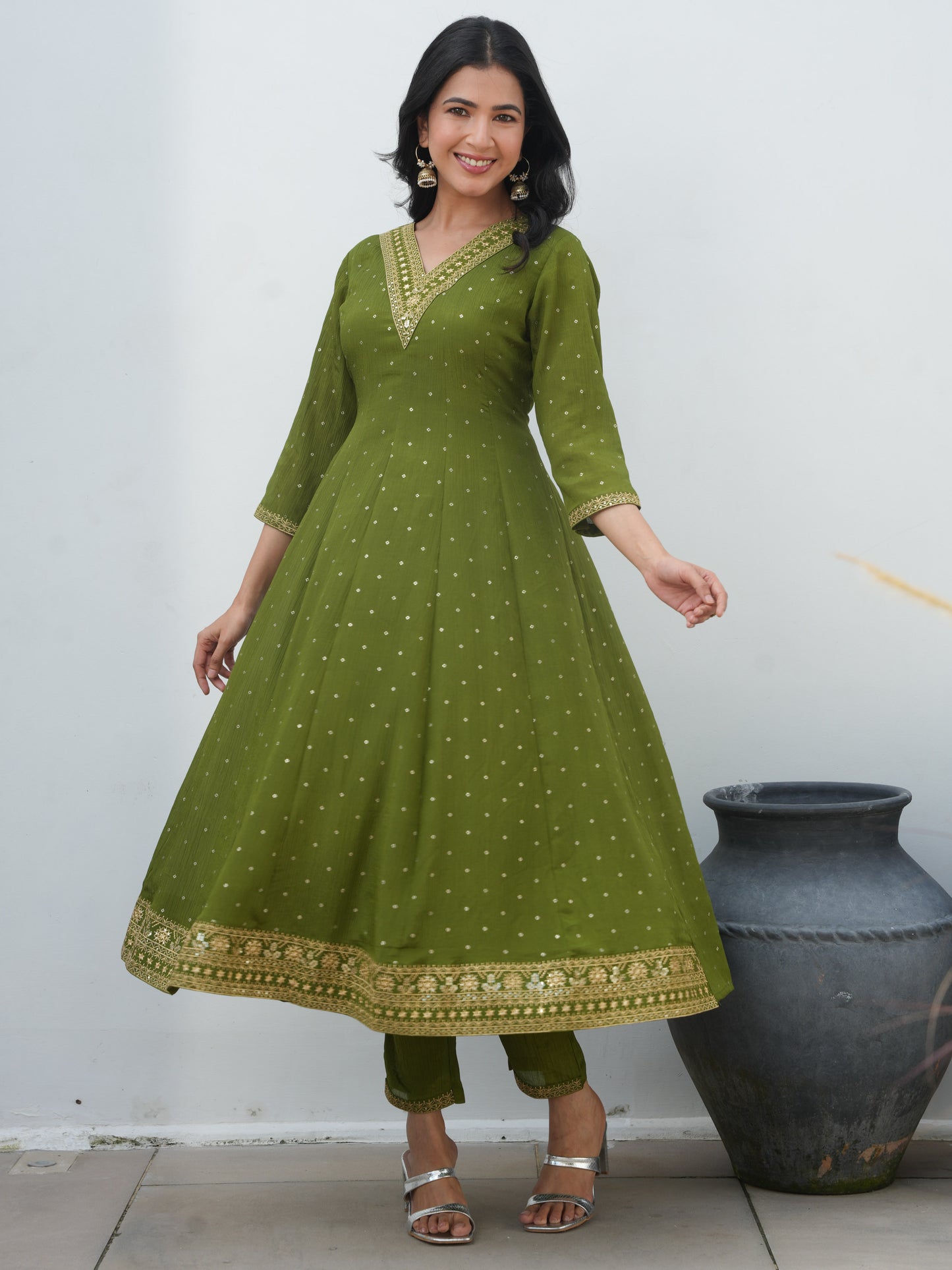 Embroidered Roman Silk Solid Anarkali Lime Green Kurta
