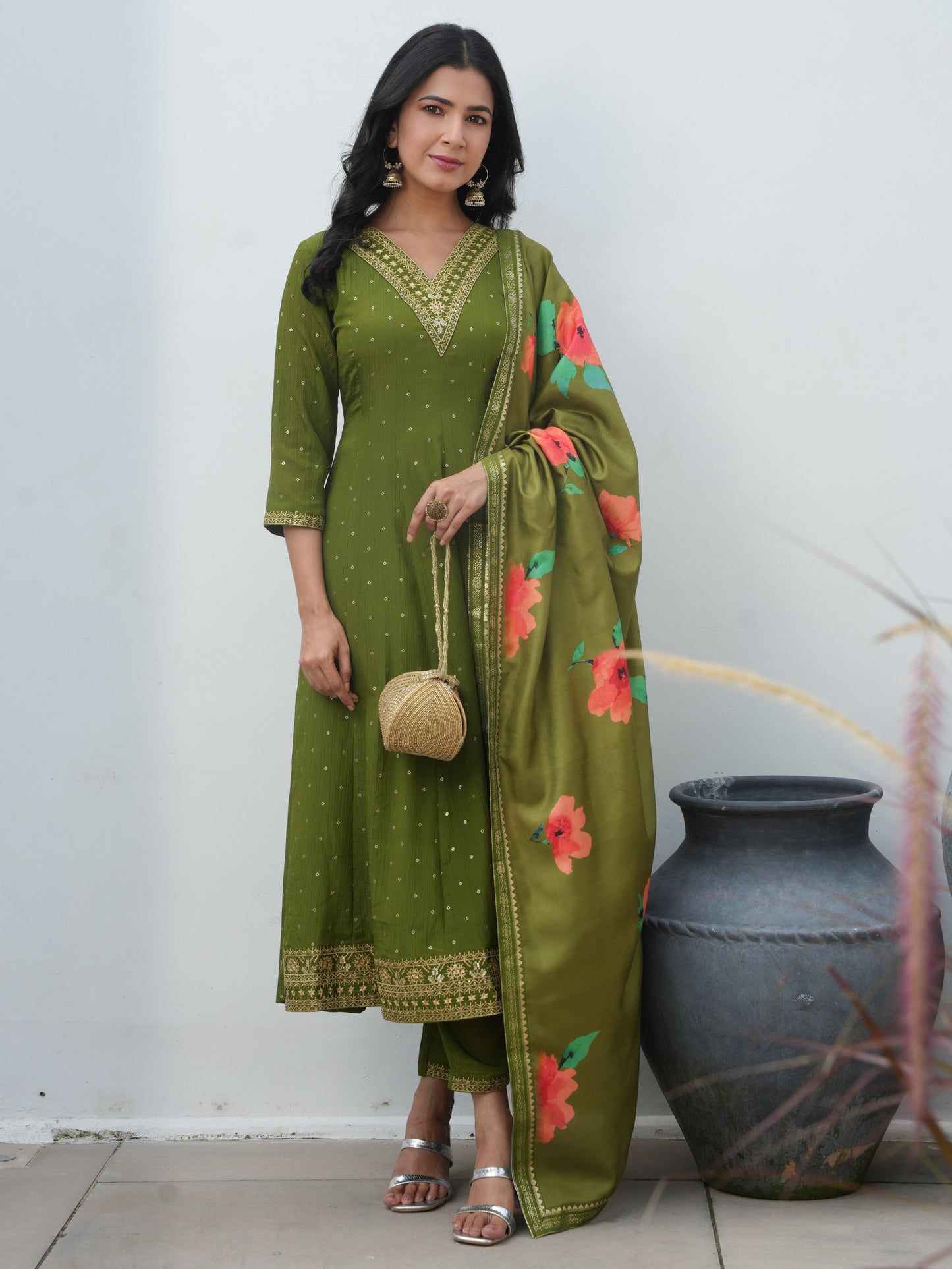 Embroidered Roman Silk Solid Anarkali Lime Green Kurta