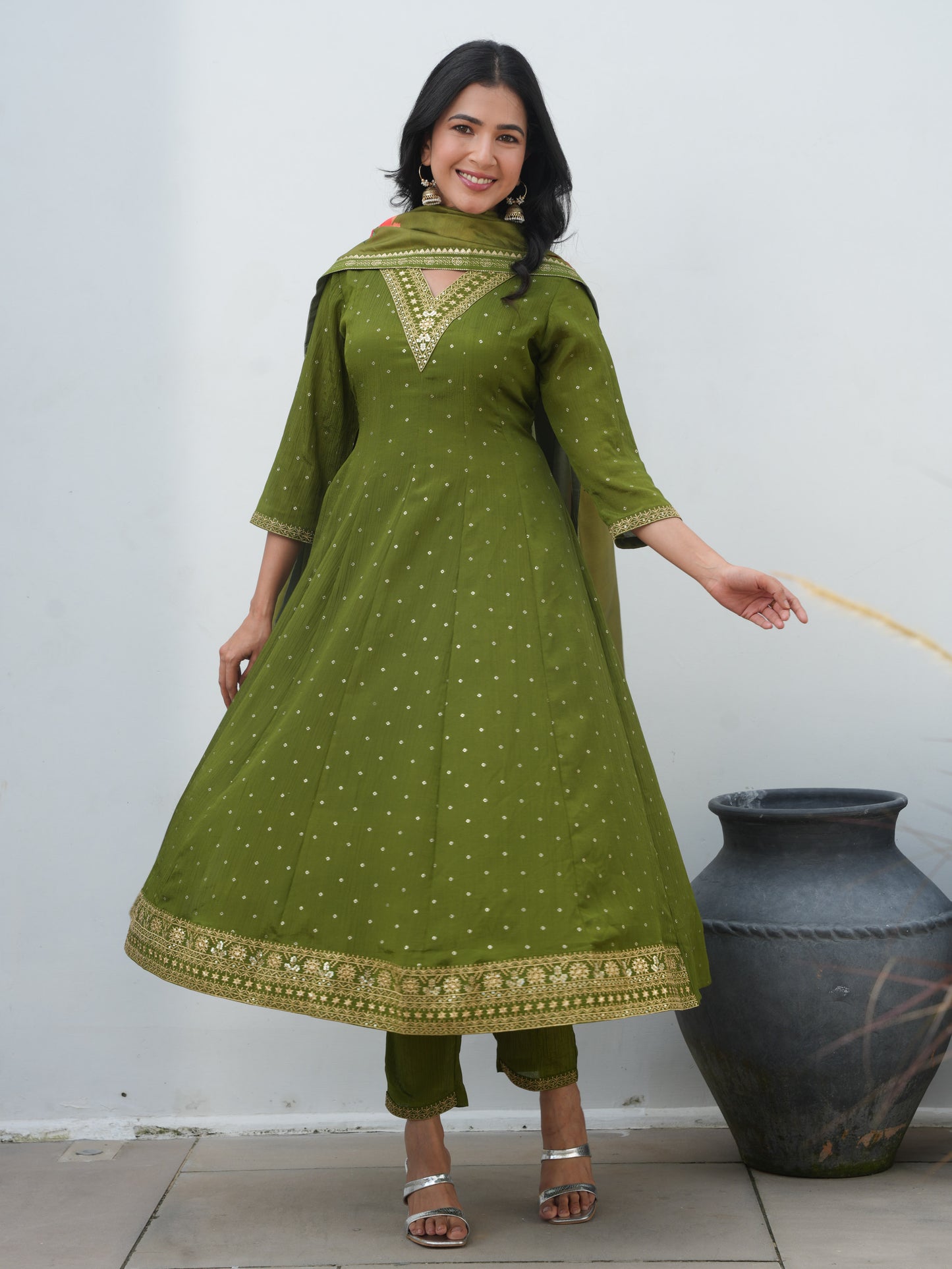 Embroidered Roman Silk Solid Anarkali Lime Green Kurta