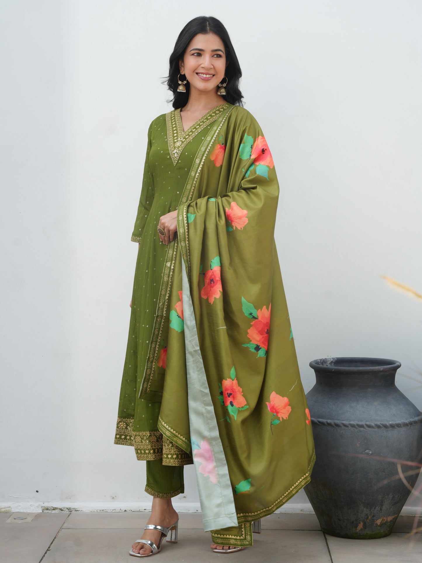 Embroidered Roman Silk Solid Anarkali Lime Green Kurta
