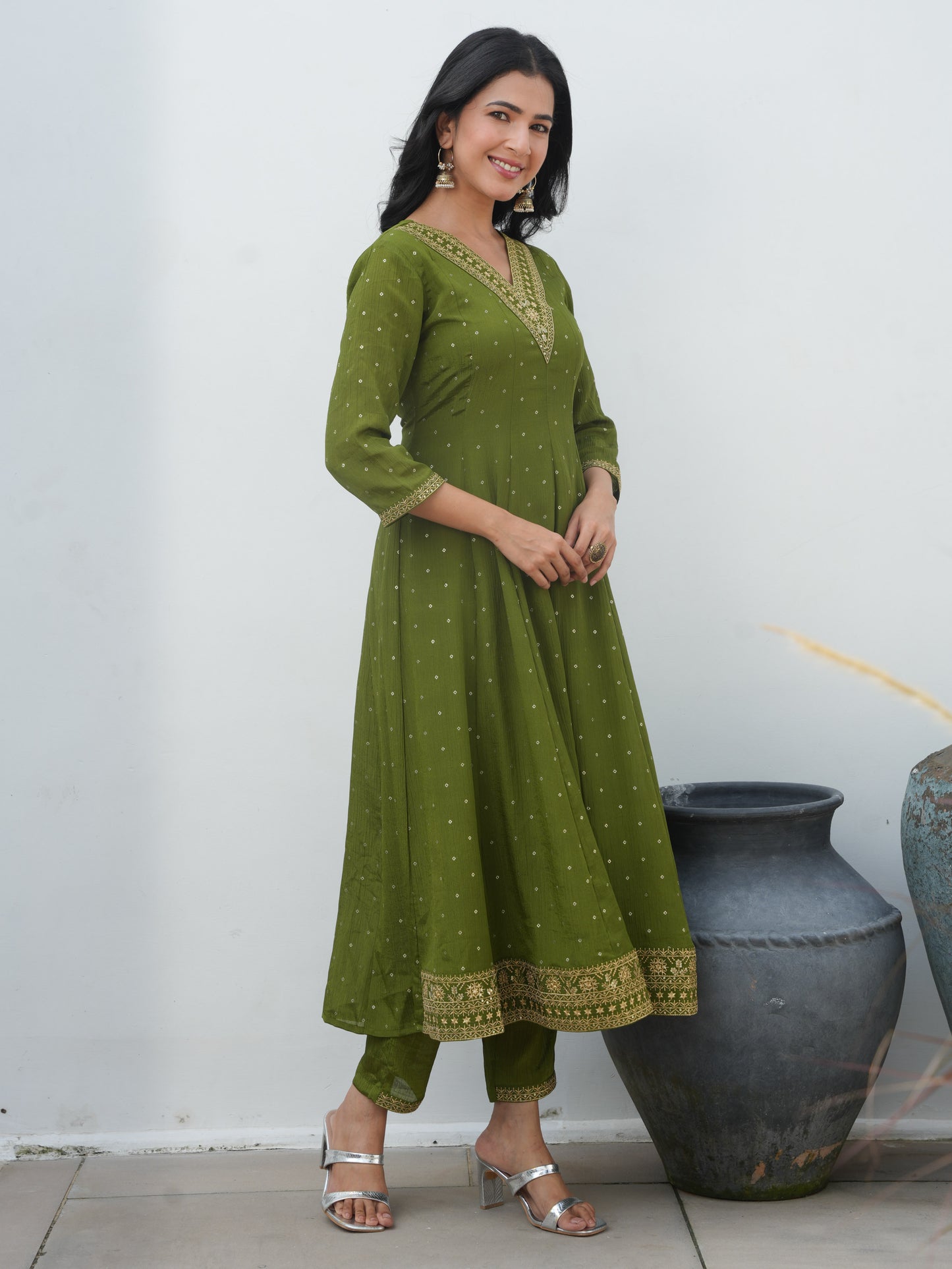 Embroidered Roman Silk Solid Anarkali Lime Green Kurta