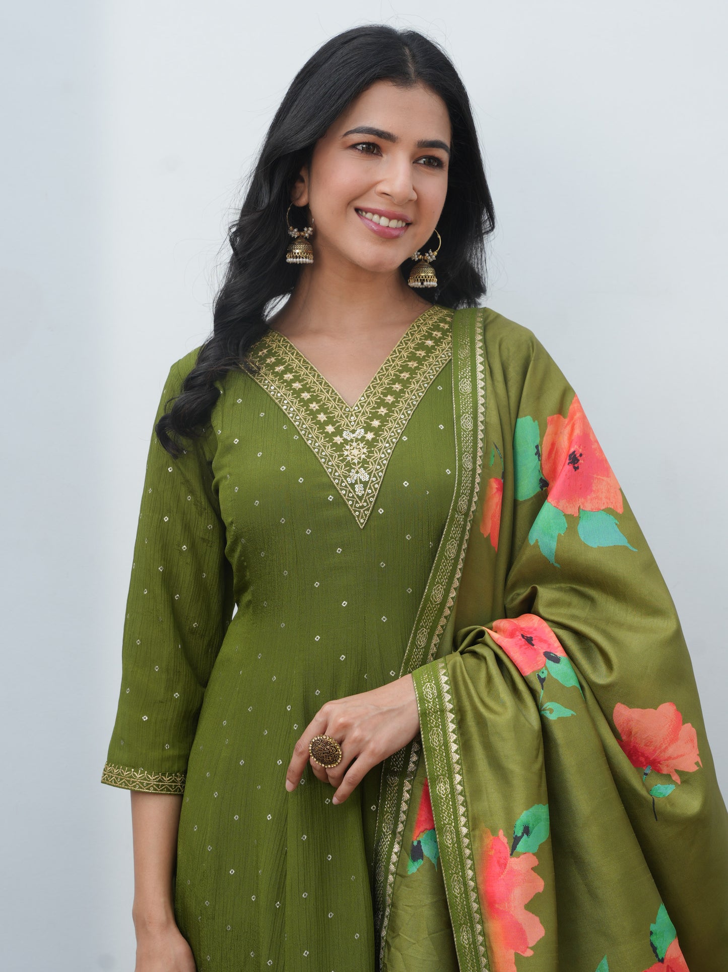 Embroidered Roman Silk Solid Anarkali Lime Green Kurta