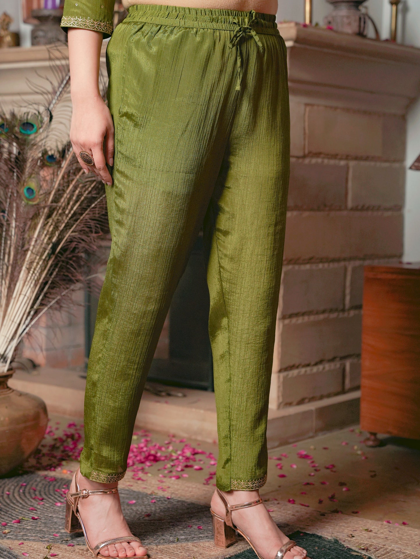 Embroidered Roman Silk Solid Anarkali Lime Green Kurta