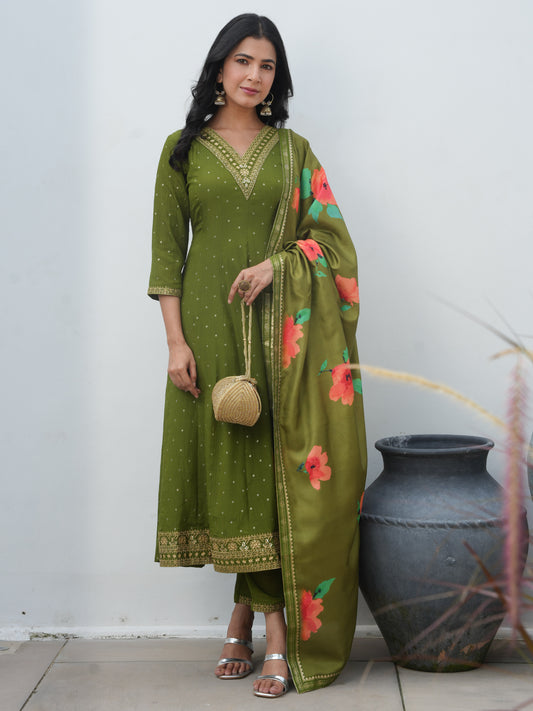 Blended Silk Floral Lime Green Dupatta