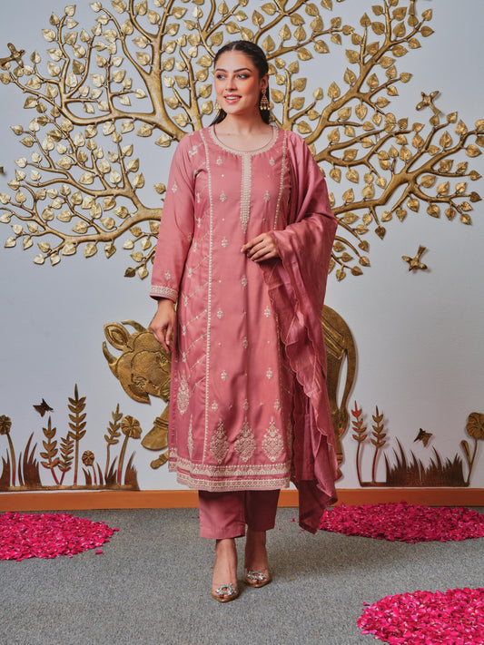 Embroidered Chanderi Solid Dusty Pink Dupatta