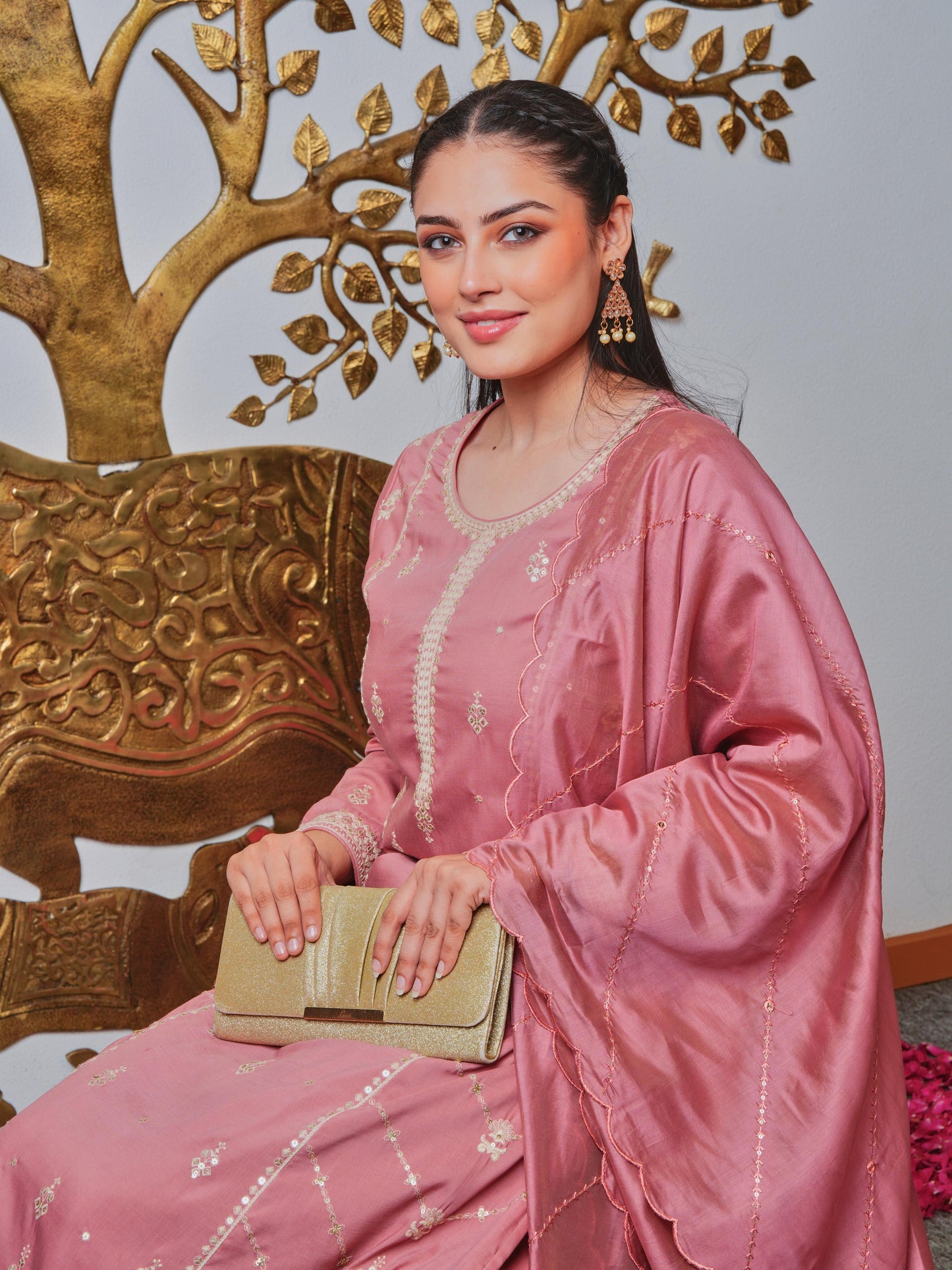 Embroidered Chanderi Solid Dusty Pink Dupatta