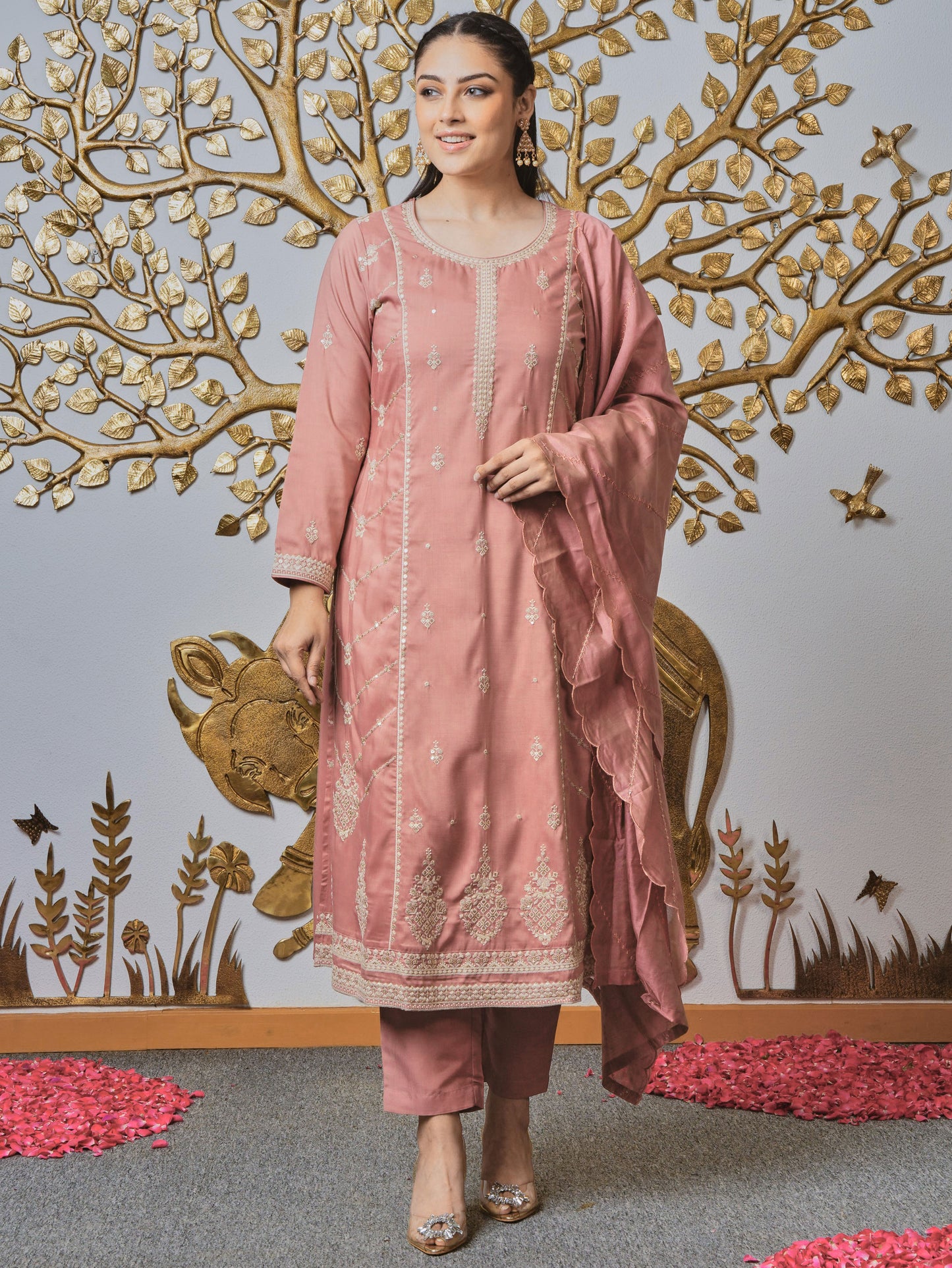Embroidered Chiffon Solid Dusty Pink Kurta