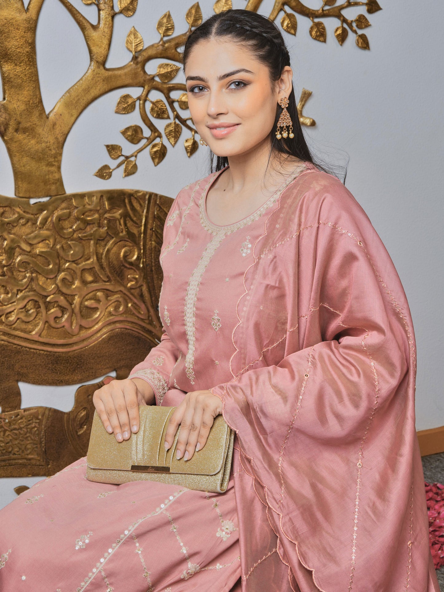 Embroidered Chiffon Solid Dusty Pink Kurta