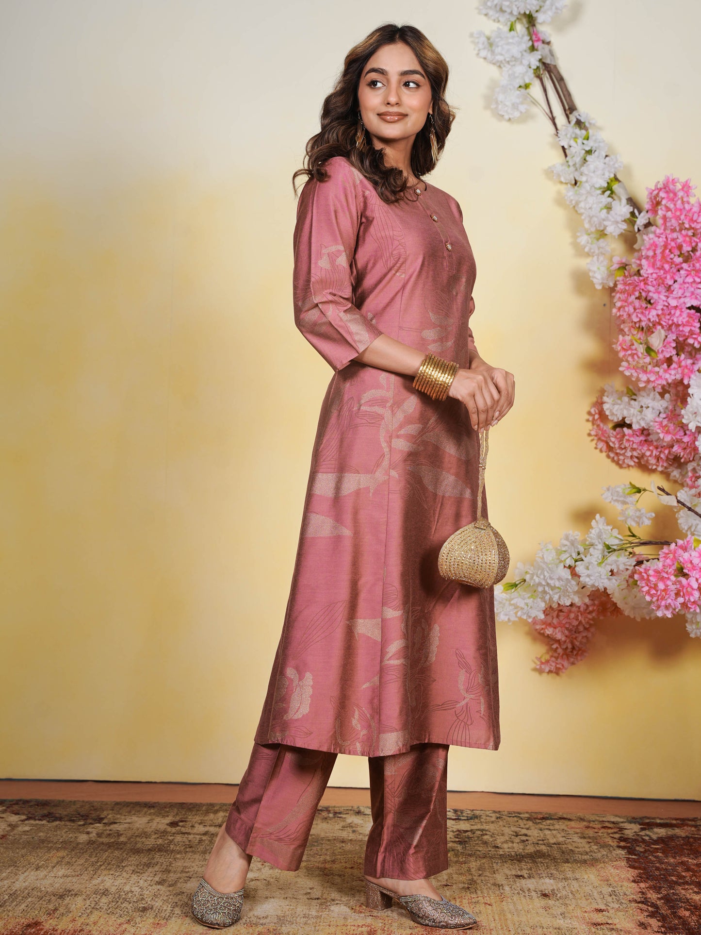 Chanderi Gold foil Flared Dusty Pink Kurta