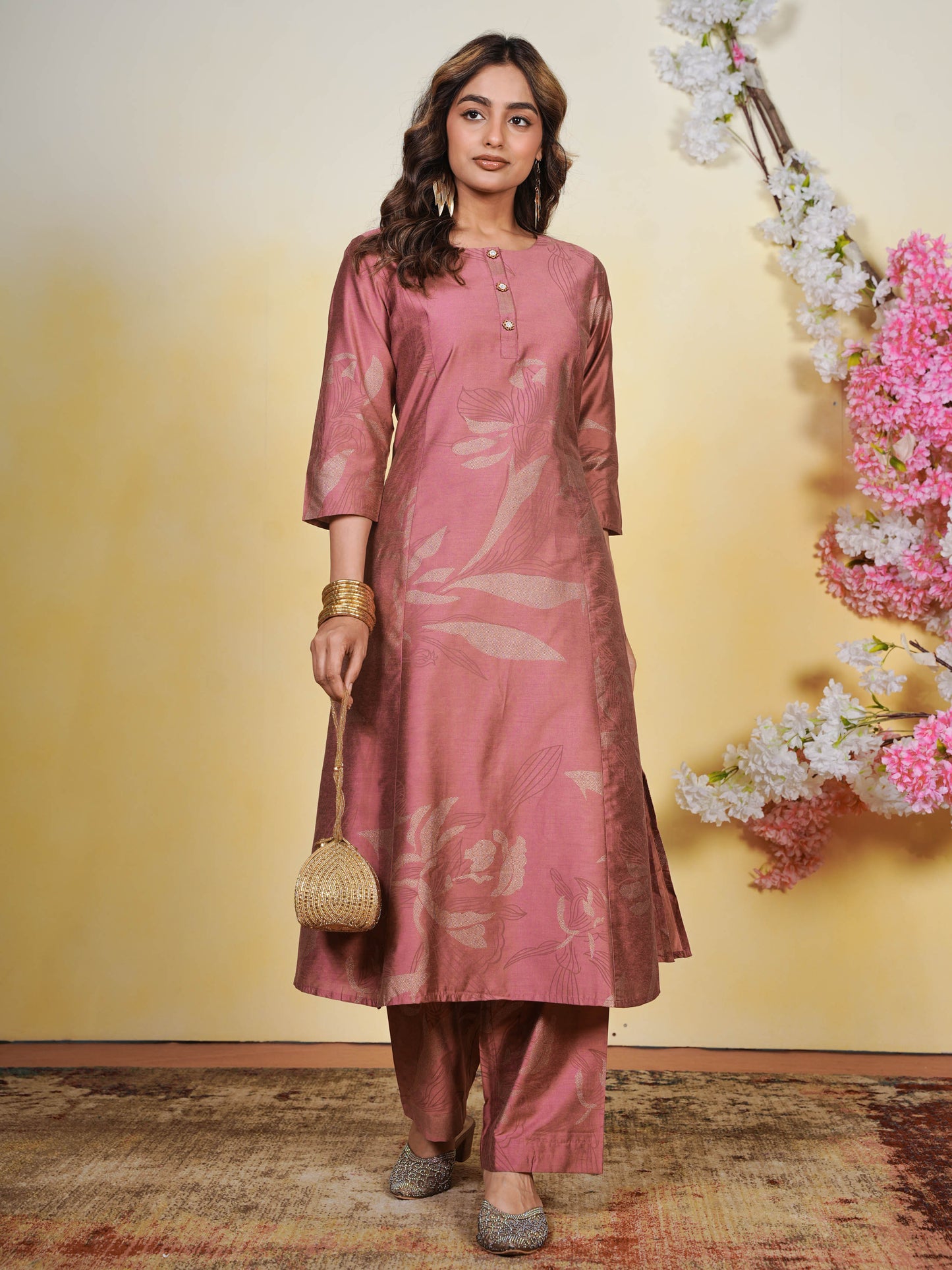 Chanderi Gold foil Flared Dusty Pink Kurta