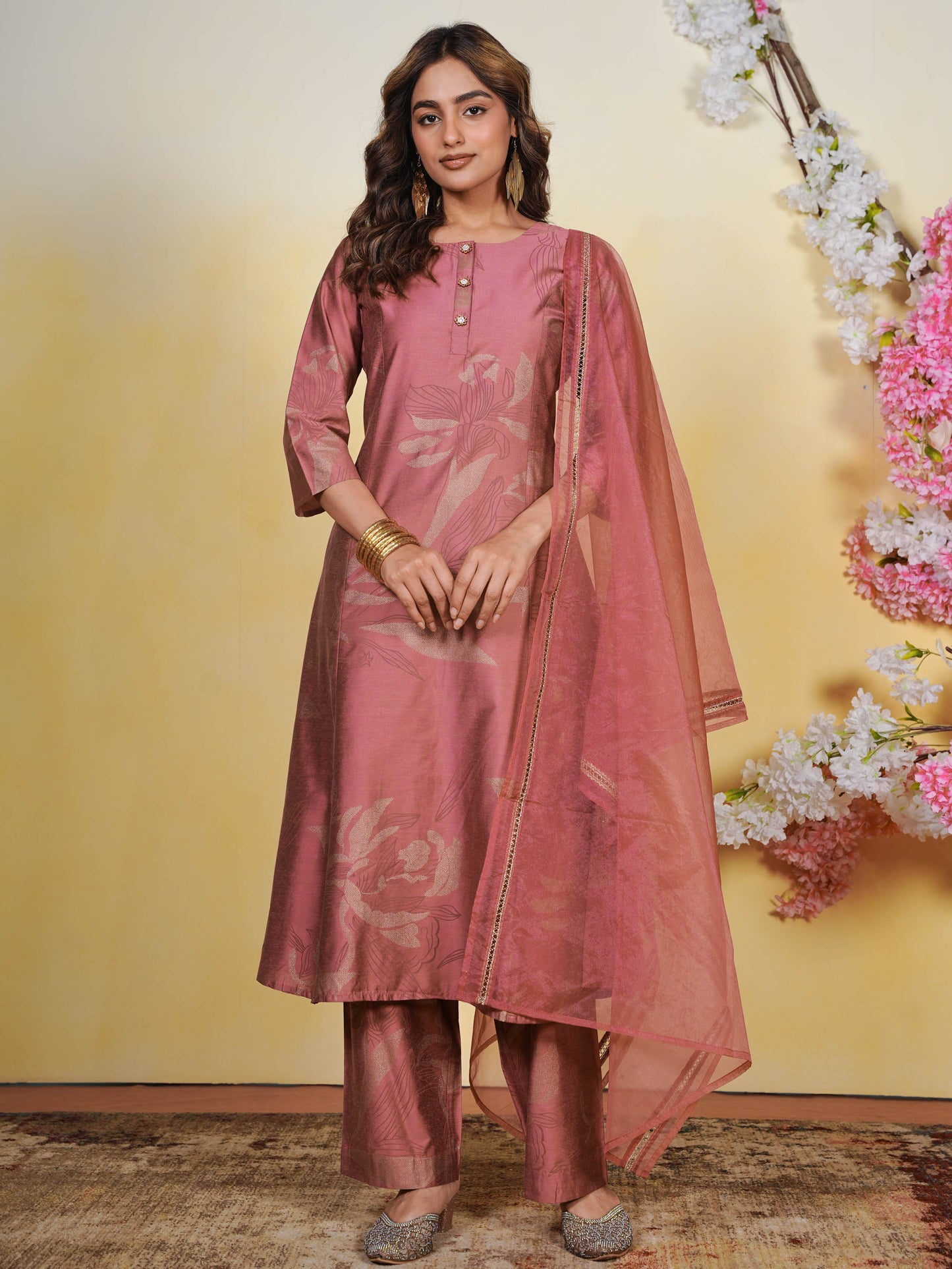 Chanderi Gold foil Flared Dusty Pink Kurta