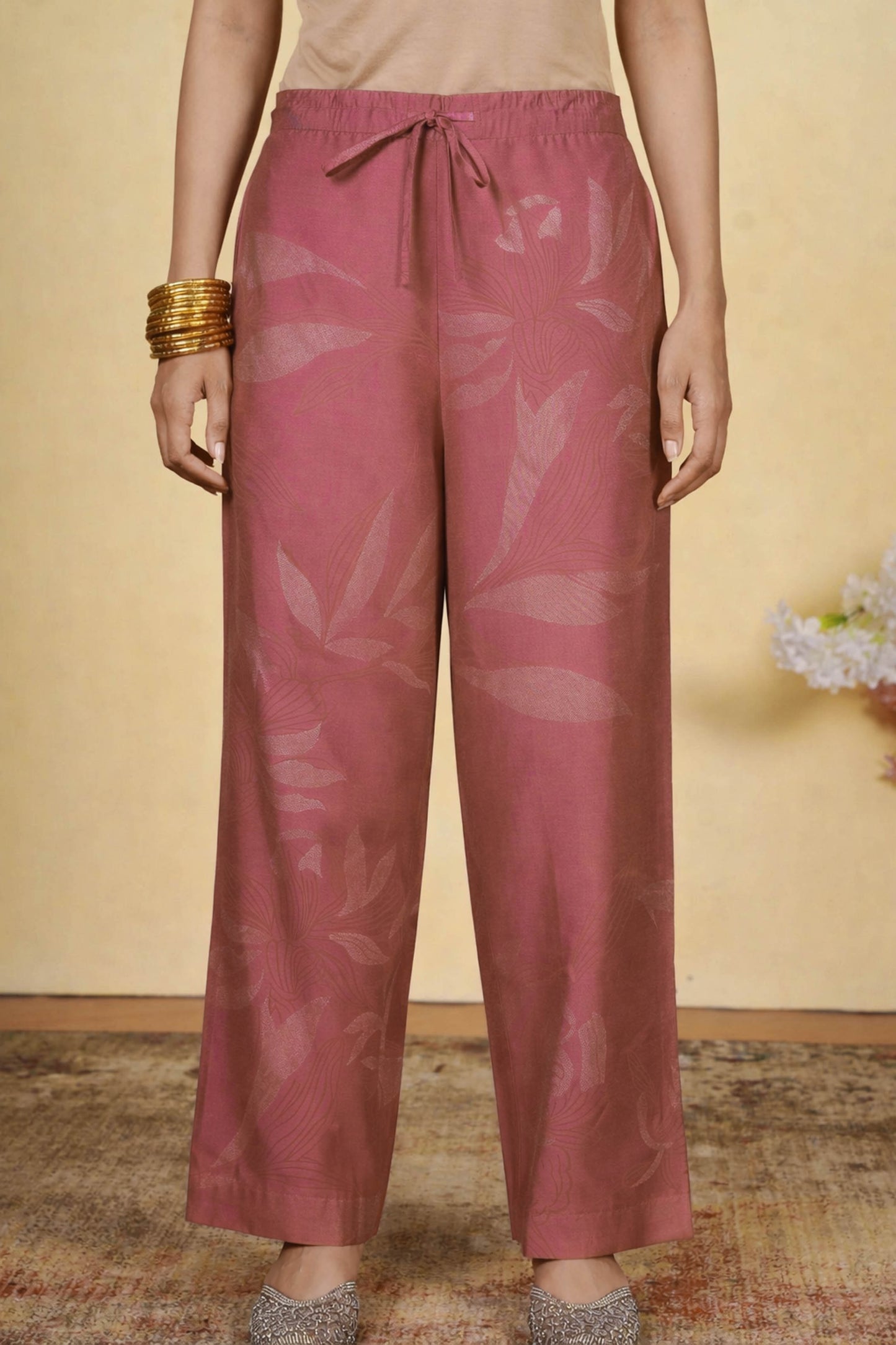 Chanderi Gold foil Flared Dusty Pink Kurta