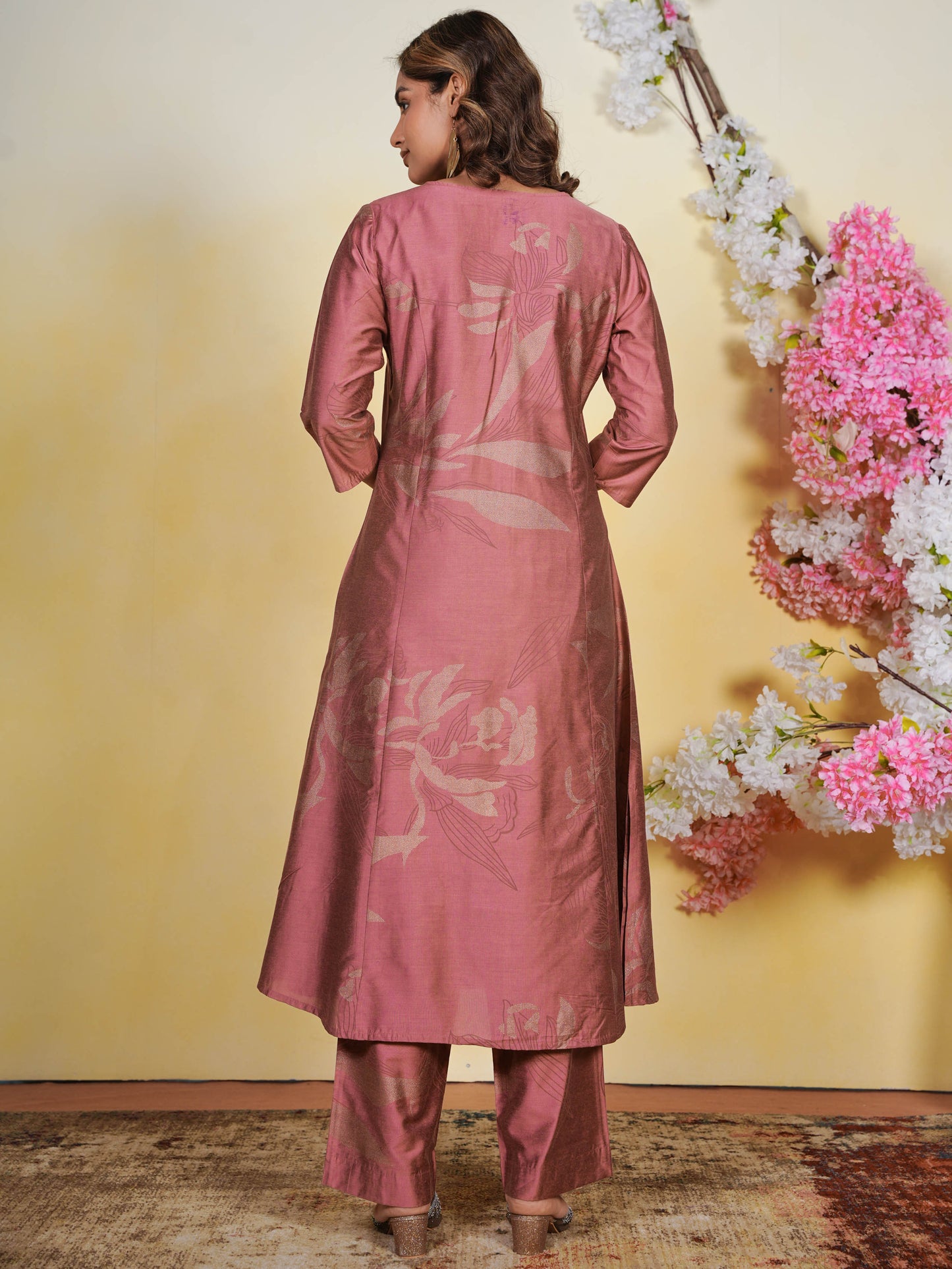 Chanderi Gold foil Flared Dusty Pink Kurta