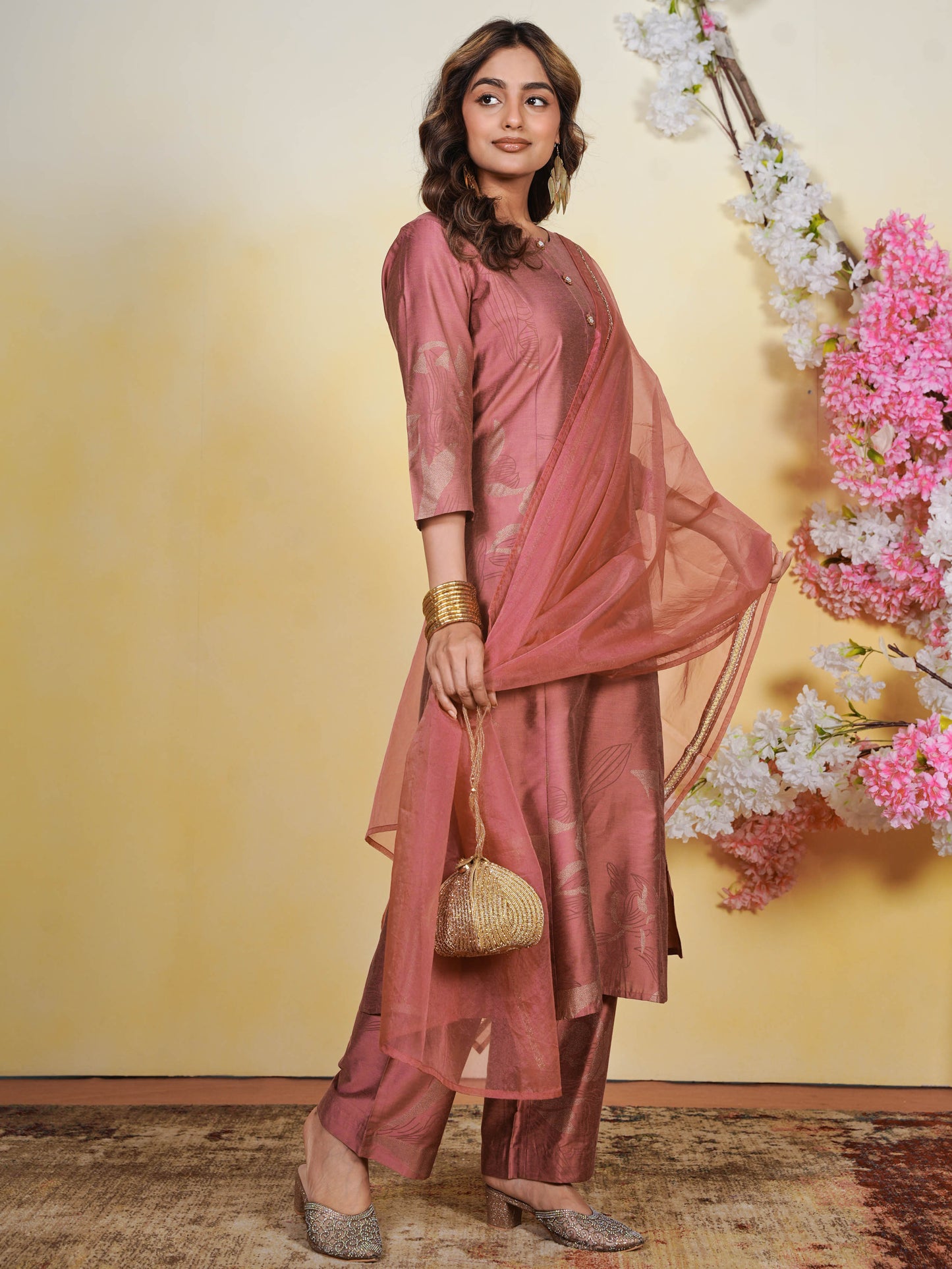 Chanderi Gold foil Flared Dusty Pink Kurta