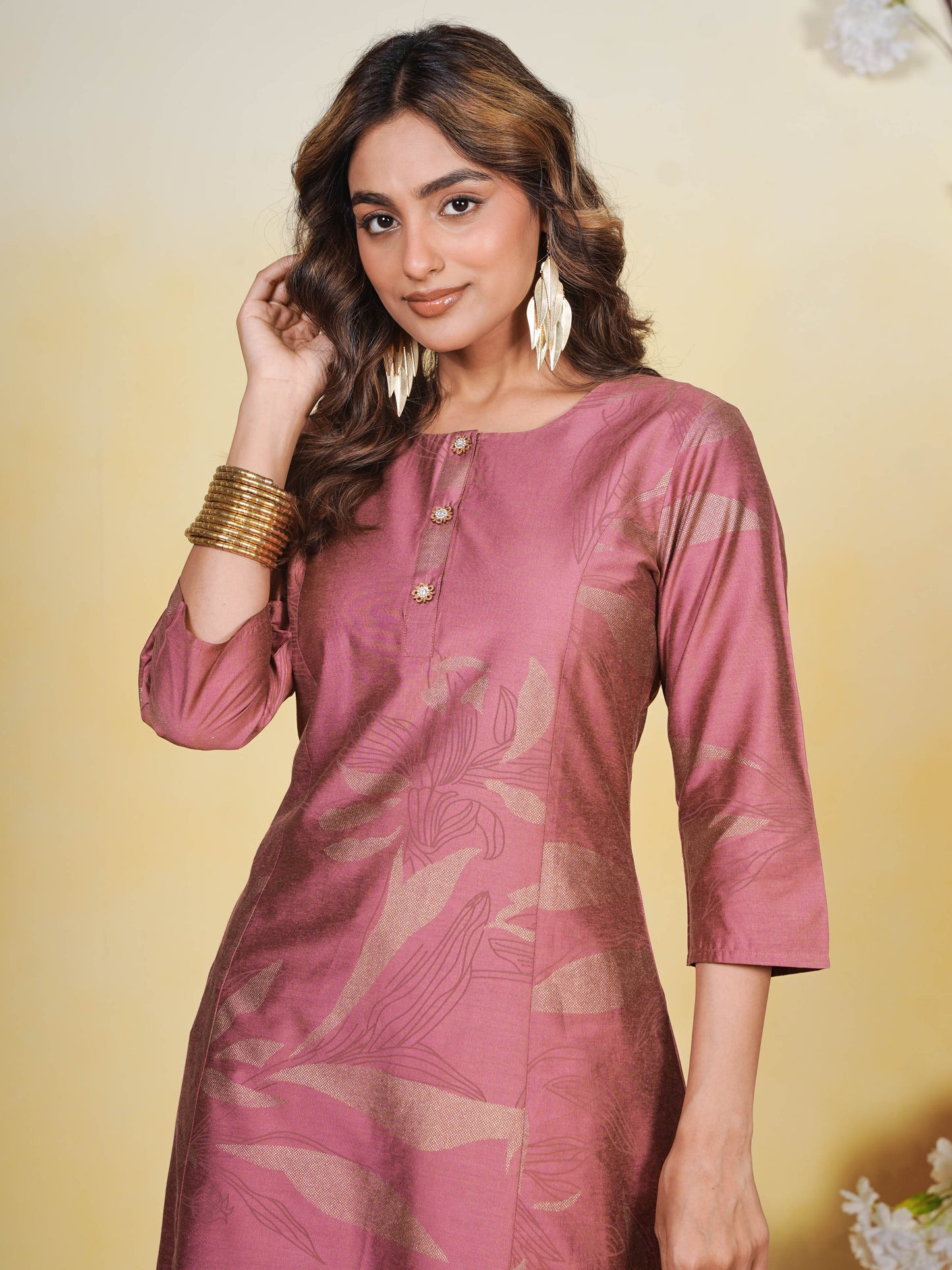 Chanderi Gold foil Flared Dusty Pink Kurta