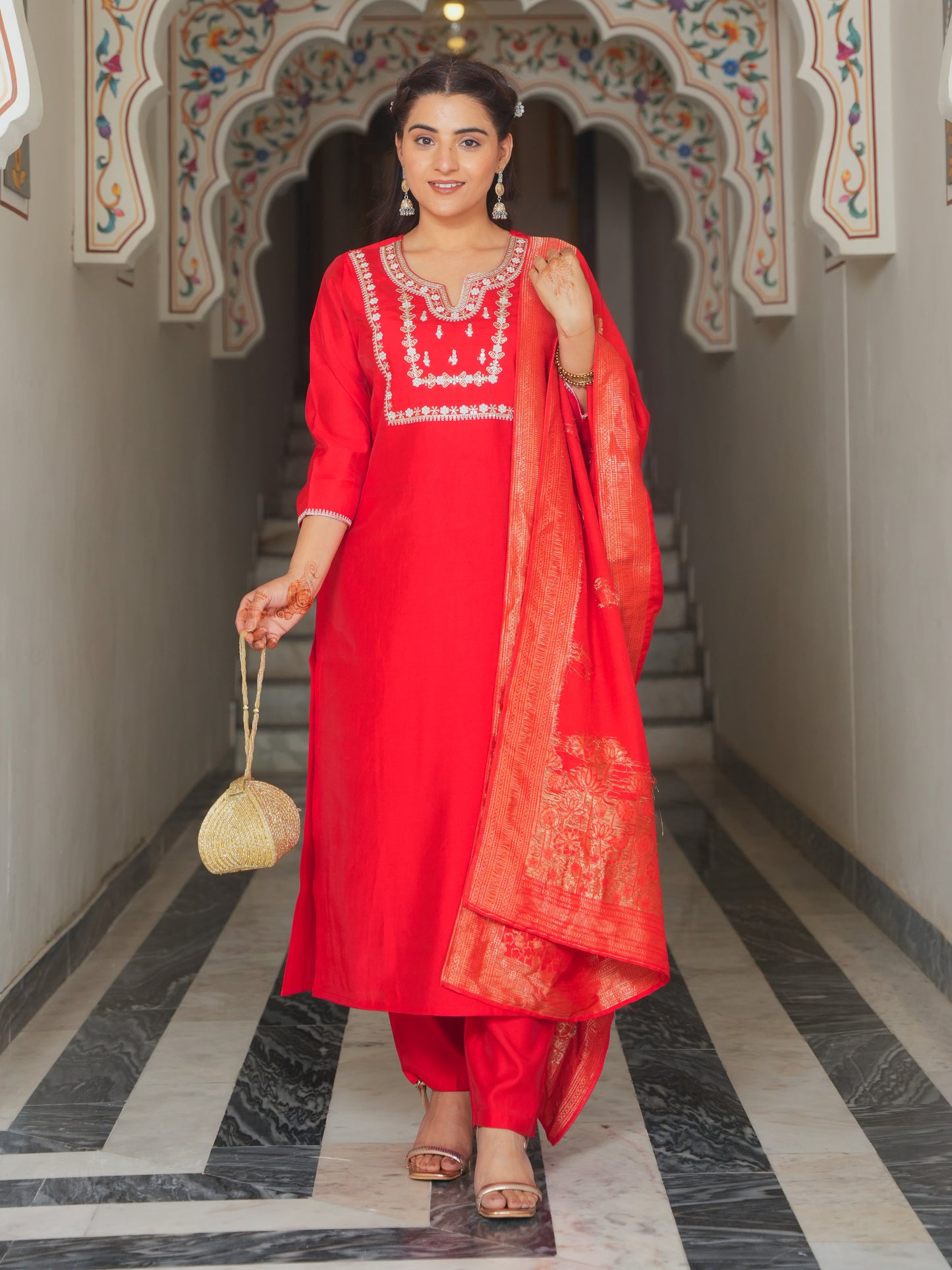 Silk Jacquard Solid Red Dupatta