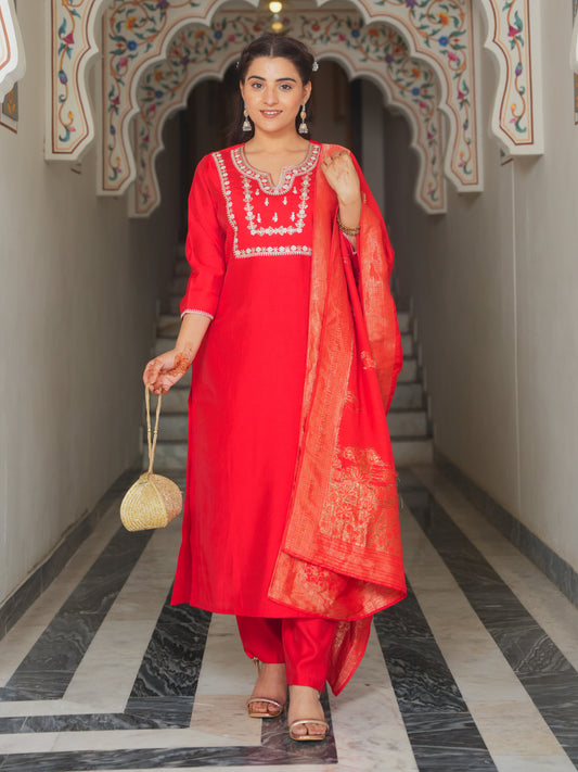 Silk Jacquard Solid Red Dupatta