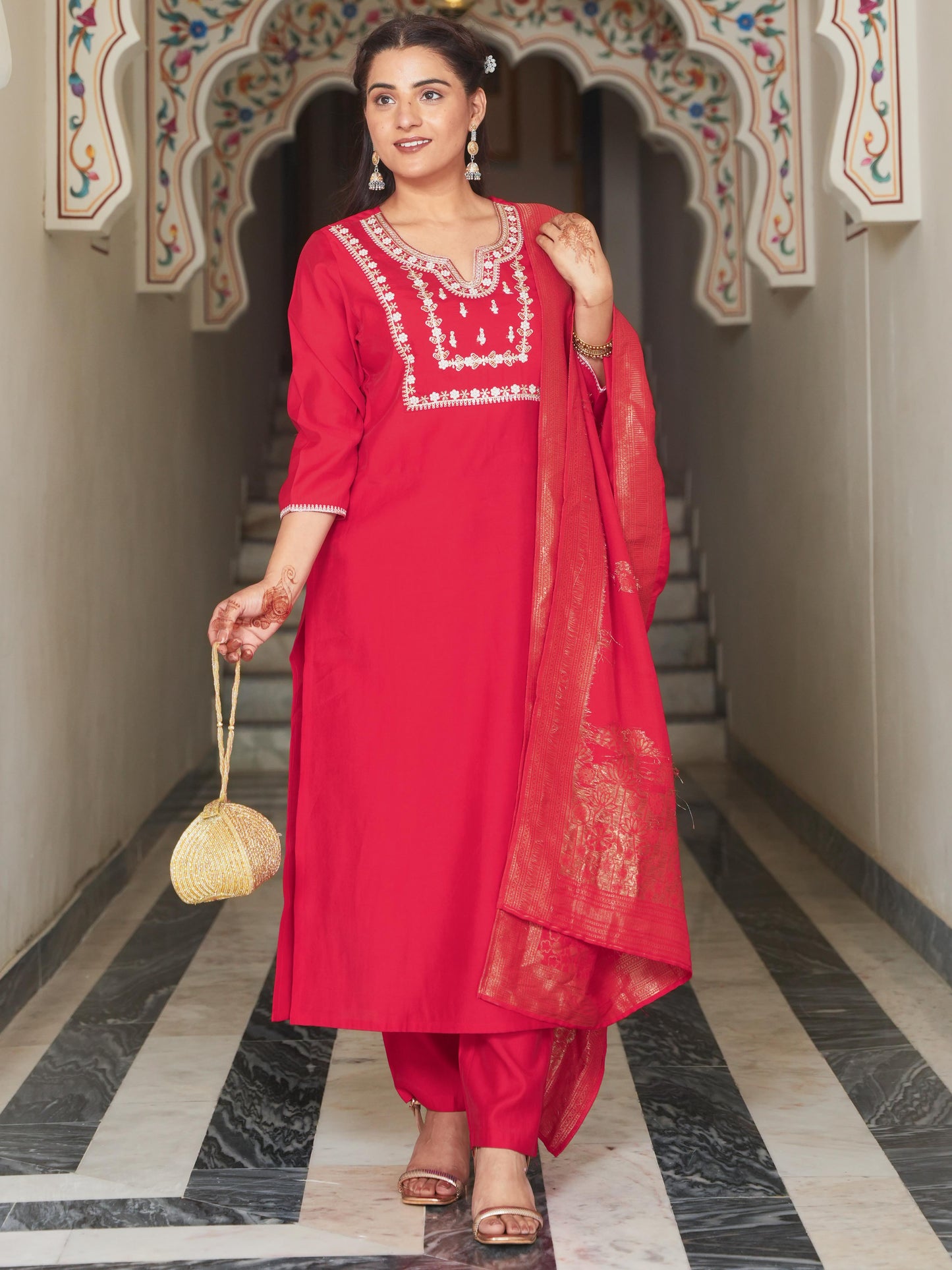 Embroidered Chanderi Solid Red Kurta