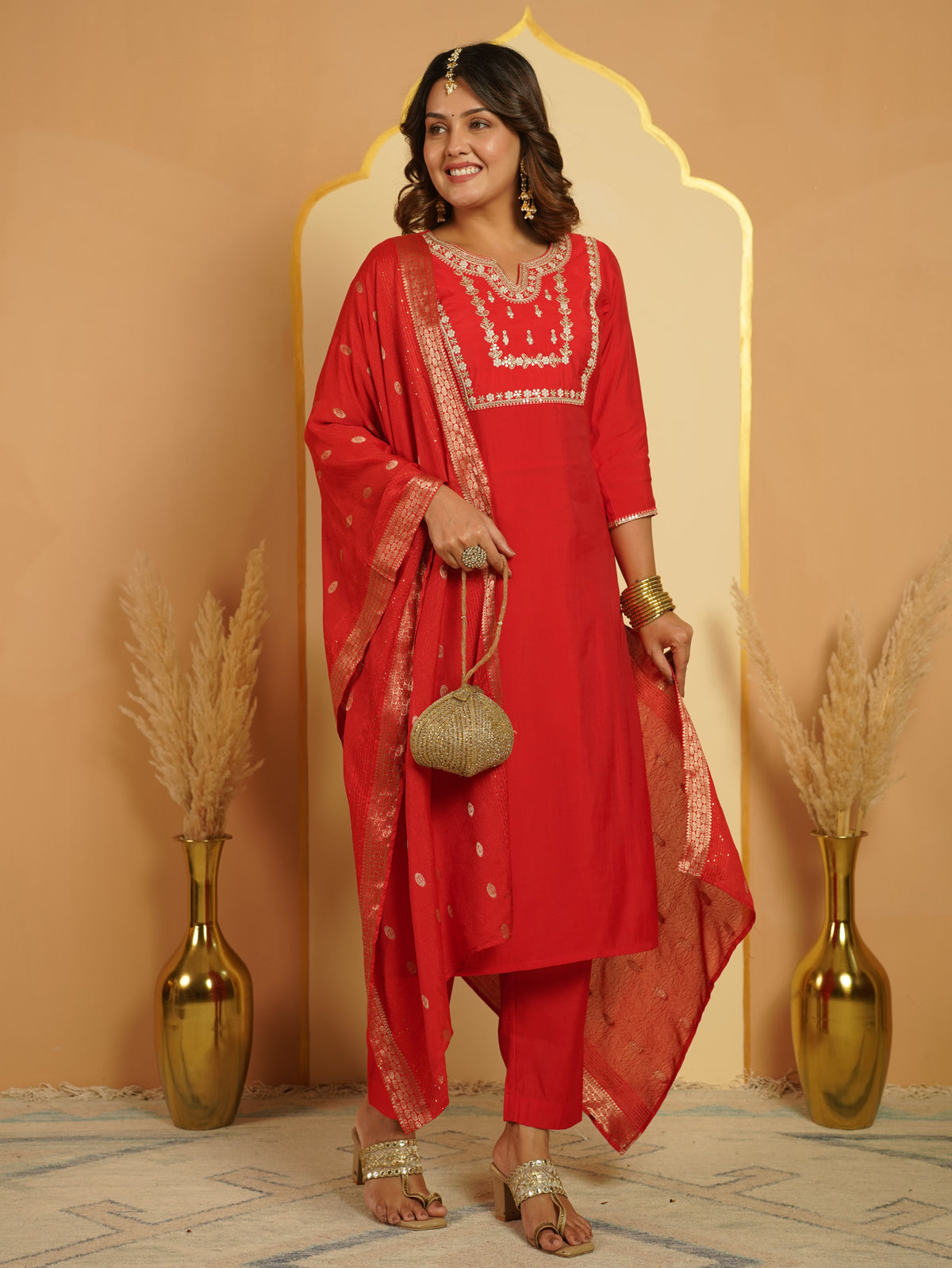 Embroidered Chanderi Solid Red Kurta
