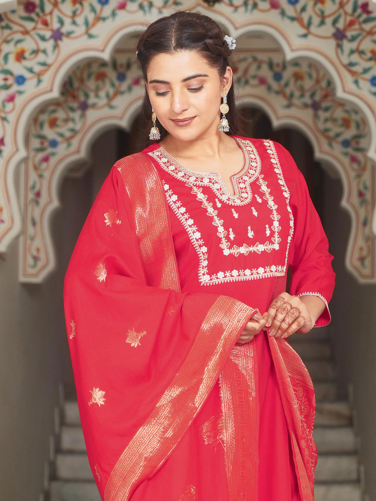 Silk Jacquard Solid Red Dupatta