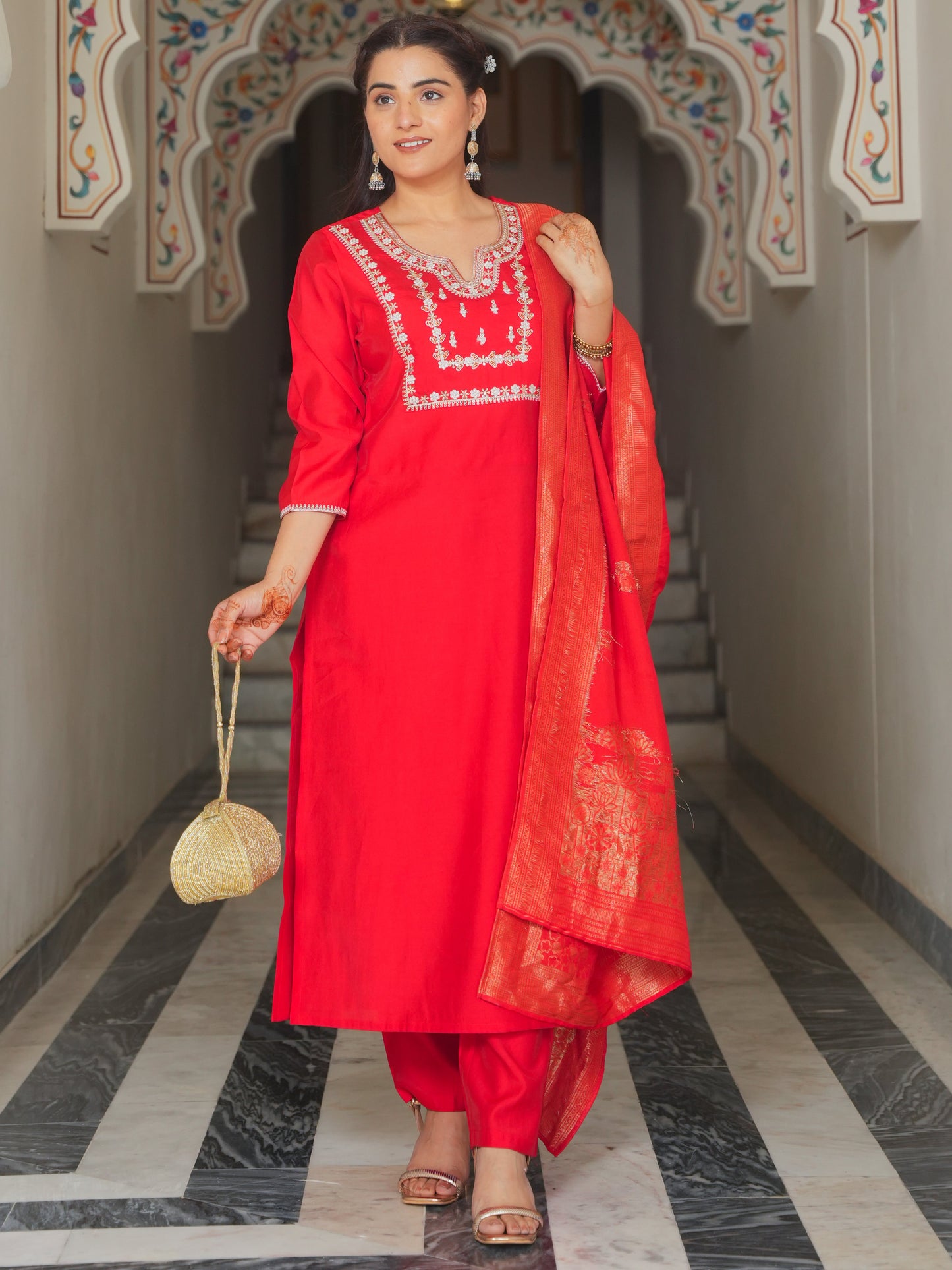 Embroidered Roman silk Solid Red Kurta