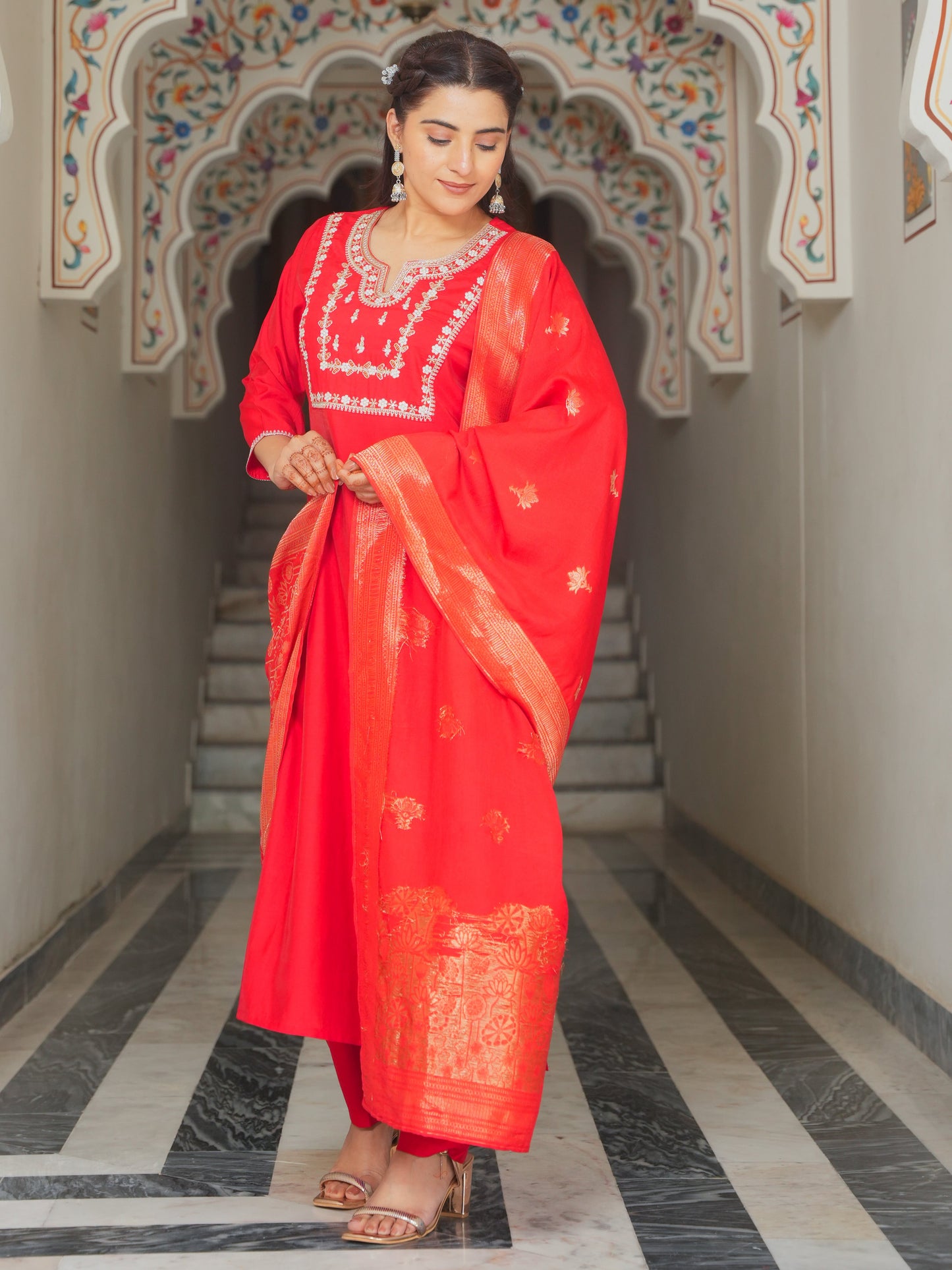 Embroidered Roman silk Solid Red Kurta