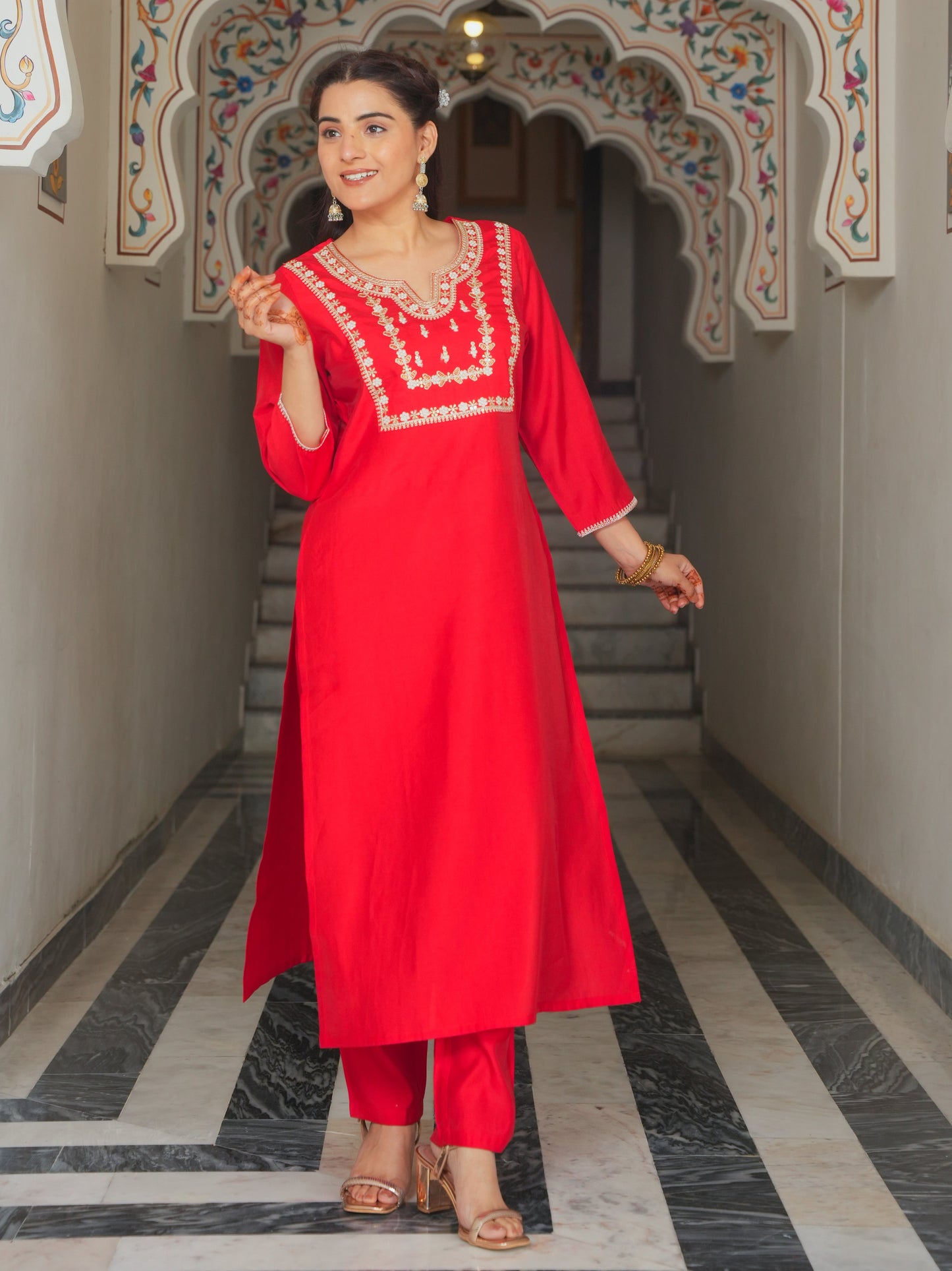 Embroidered Roman silk Solid Red Kurta