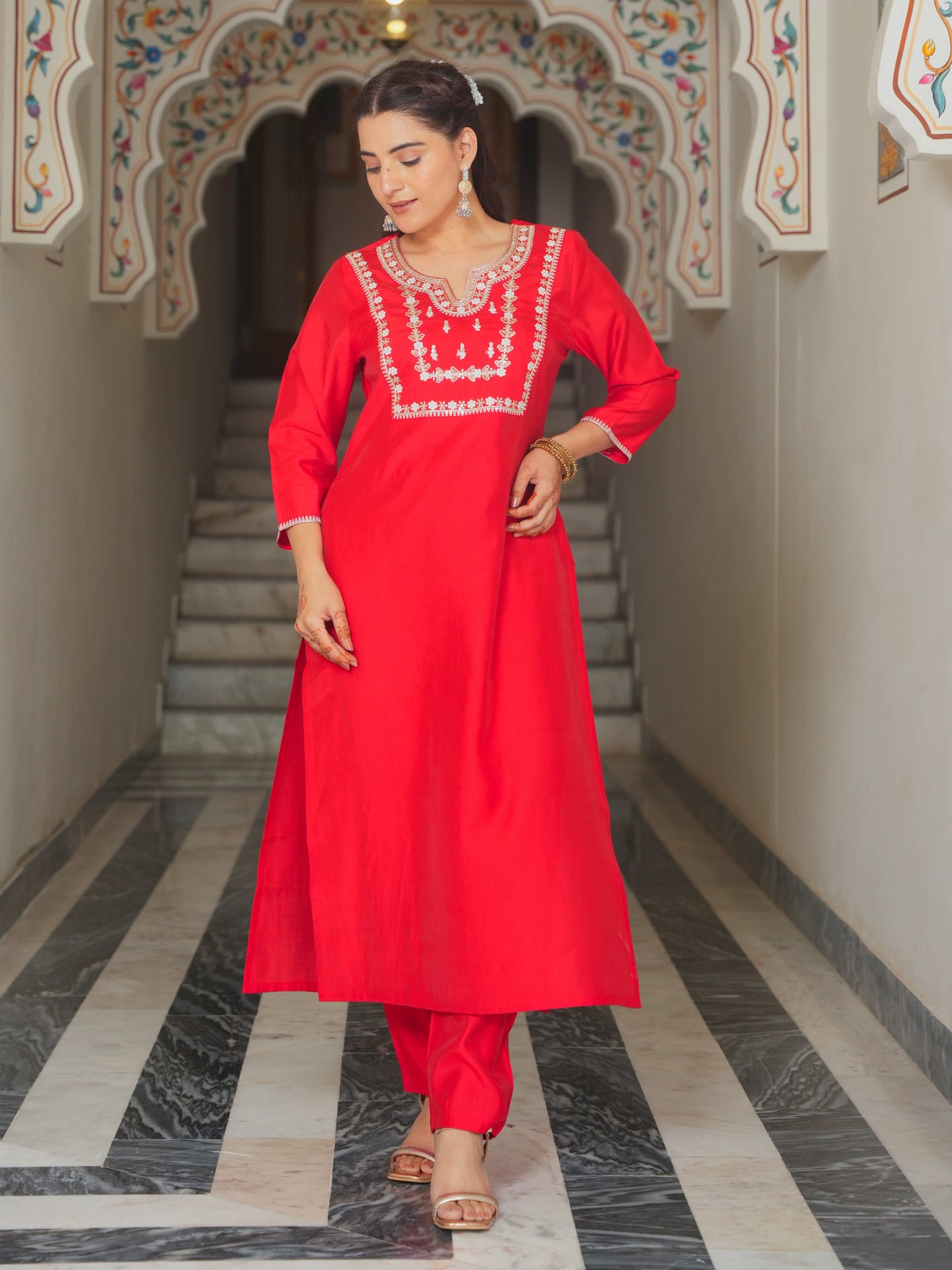 Embroidered Roman silk Solid Red Kurta